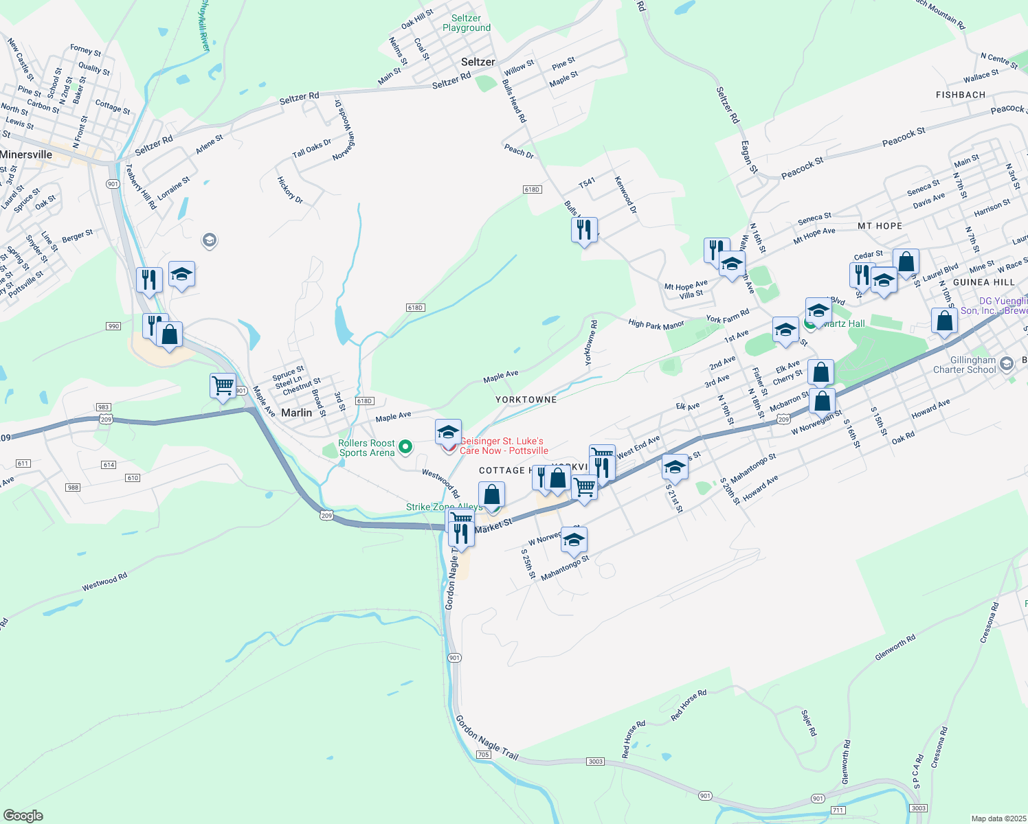 map of restaurants, bars, coffee shops, grocery stores, and more near 2169 Woodglen Road in Pottsville