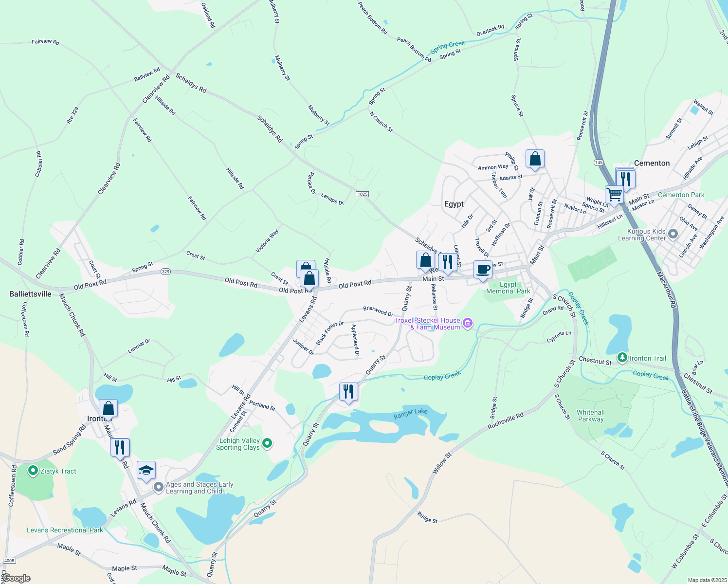 map of restaurants, bars, coffee shops, grocery stores, and more near 2138 Old Post Rd in Coplay