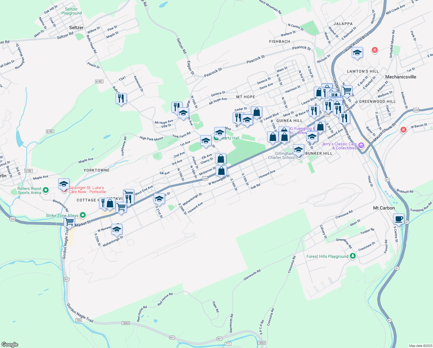 map of restaurants, bars, coffee shops, grocery stores, and more near 1643 W Market St in Pottsville