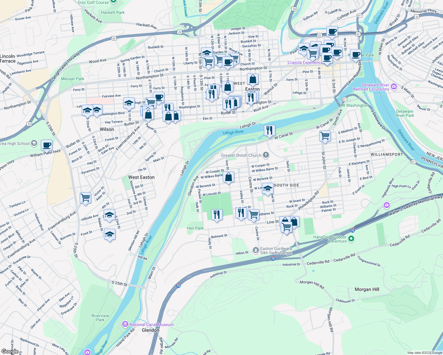 map of restaurants, bars, coffee shops, grocery stores, and more near 934 West Wilkes Barre Street in Easton