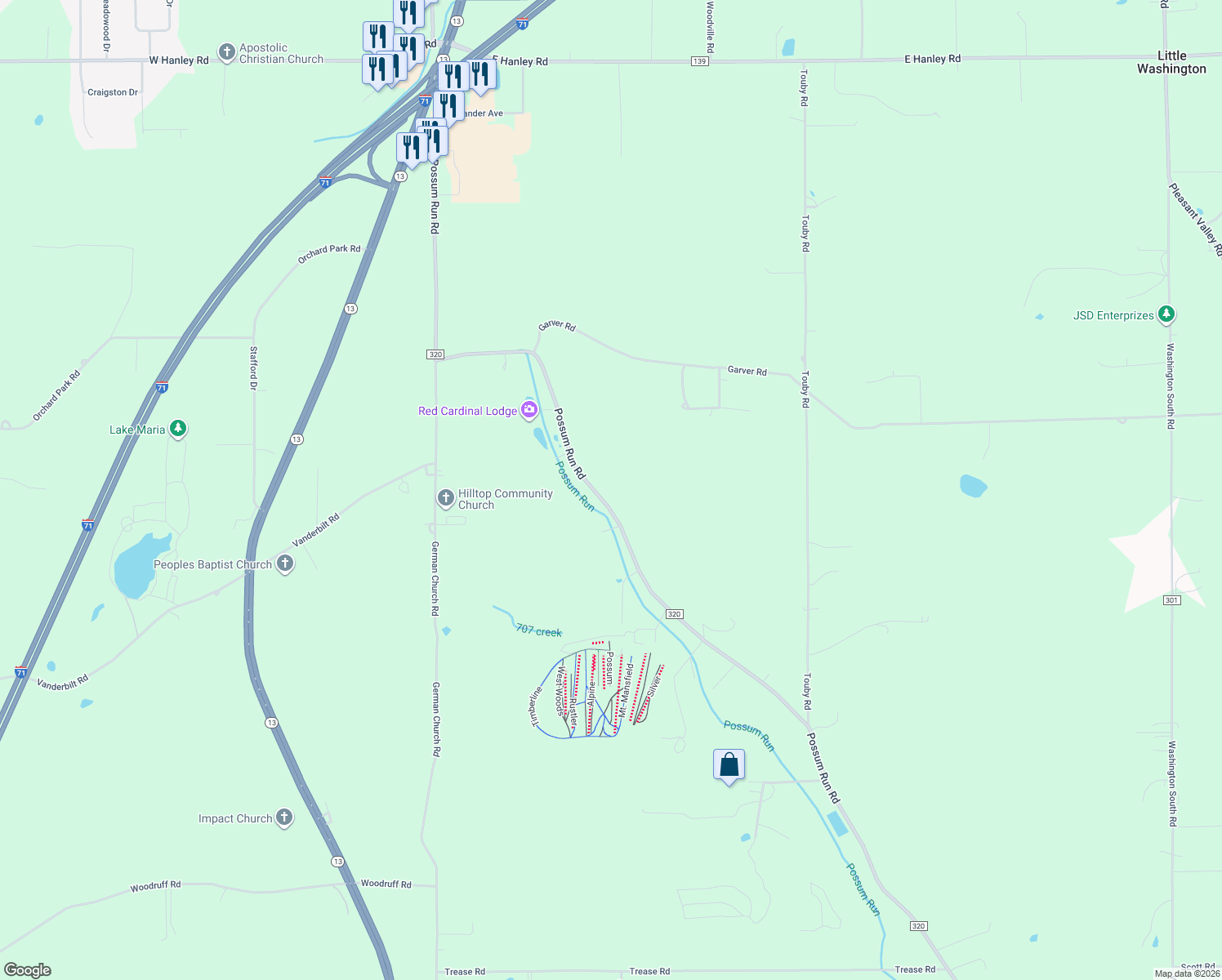 map of restaurants, bars, coffee shops, grocery stores, and more near 2993 O'Possum Run Road in Mansfield