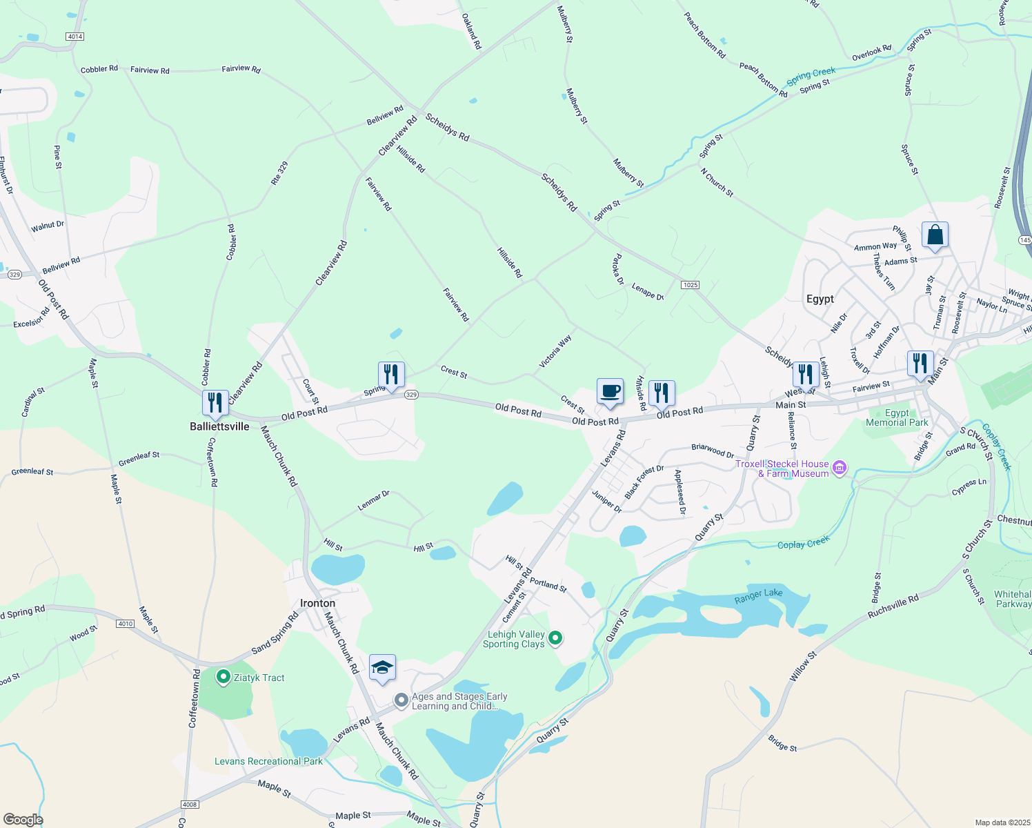 map of restaurants, bars, coffee shops, grocery stores, and more near 2466 Old Post Road in Coplay