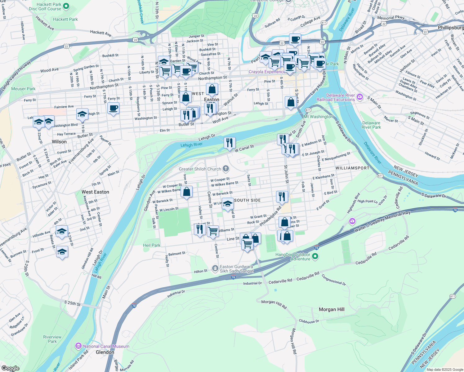 map of restaurants, bars, coffee shops, grocery stores, and more near 486 West Wilkes Barre Street in Easton