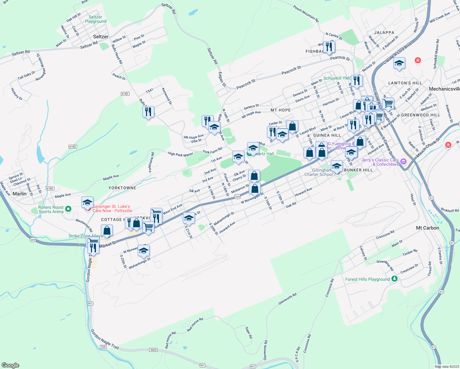 map of restaurants, bars, coffee shops, grocery stores, and more near 1746 West End Avenue in Pottsville