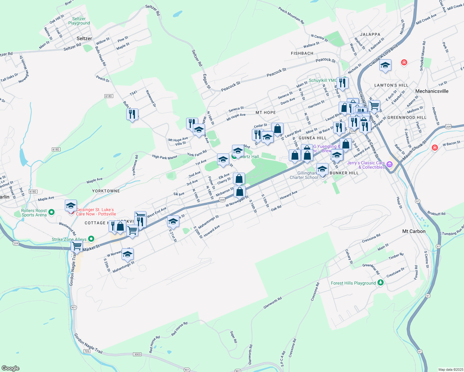 map of restaurants, bars, coffee shops, grocery stores, and more near 1621 West End Avenue in Pottsville