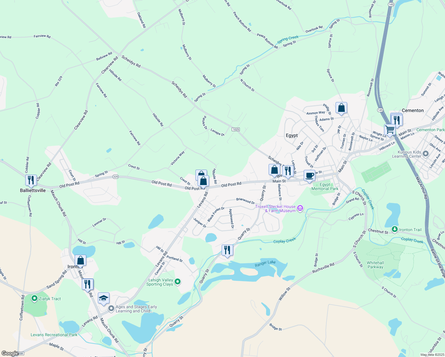 map of restaurants, bars, coffee shops, grocery stores, and more near 4319 Hillside Rd in Coplay
