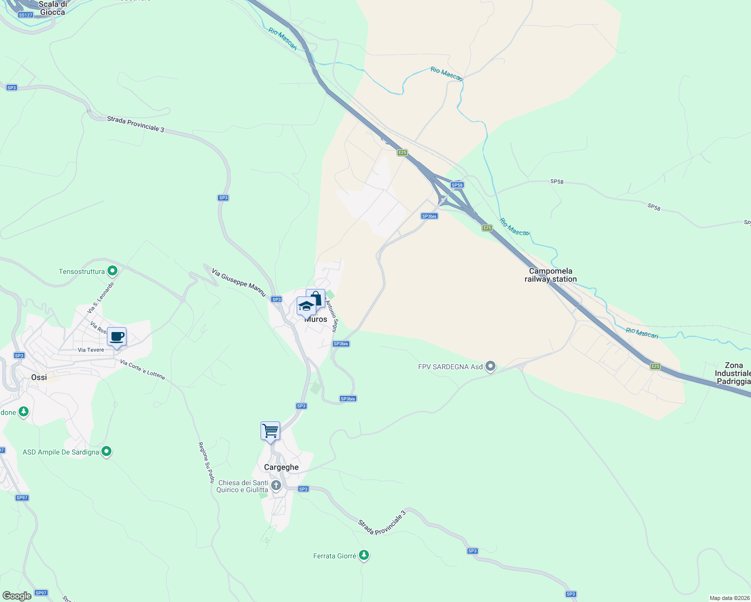 map of restaurants, bars, coffee shops, grocery stores, and more near in Metropolitan City of Sassari