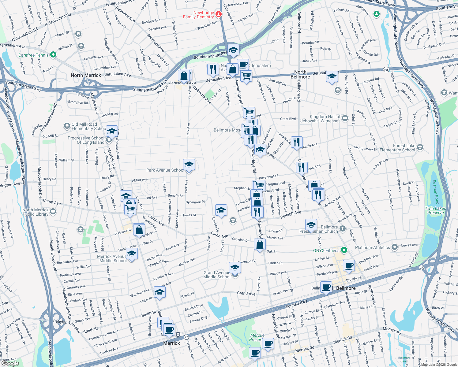 map of restaurants, bars, coffee shops, grocery stores, and more near 2322 Henry Street in North Bellmore