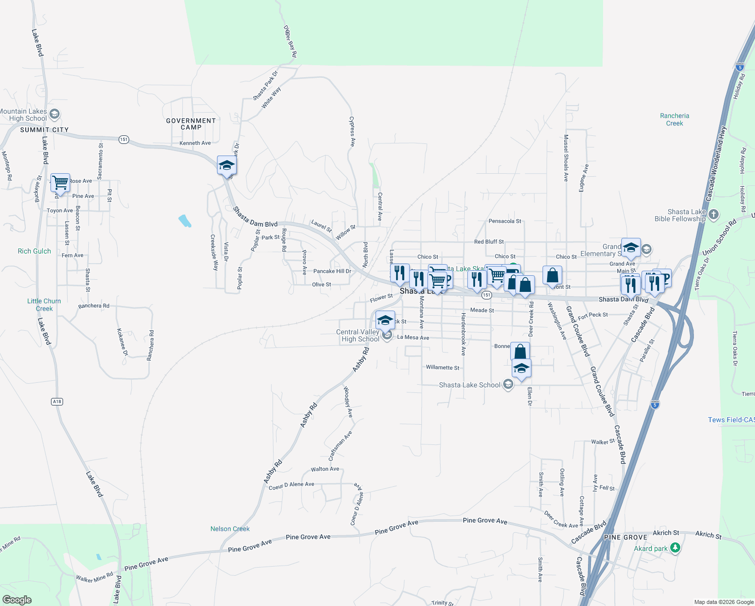 map of restaurants, bars, coffee shops, grocery stores, and more near 4036 Flower Street in Shasta Lake