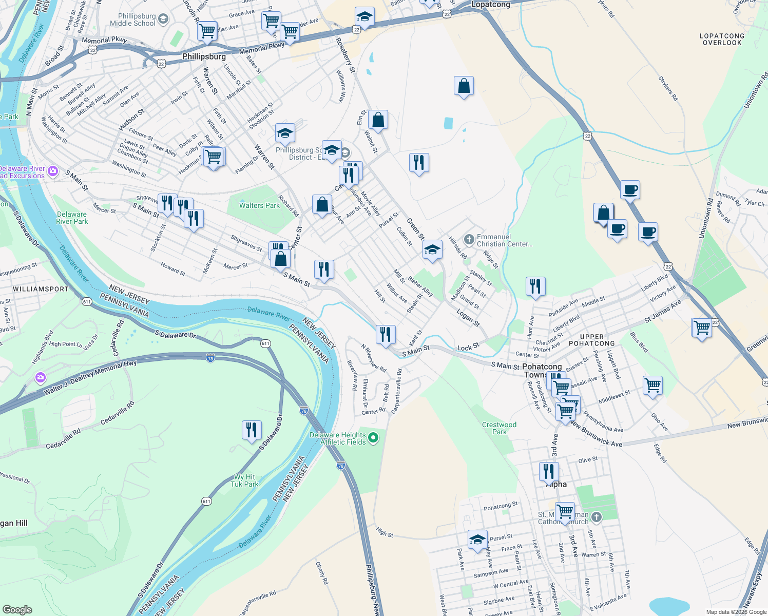 map of restaurants, bars, coffee shops, grocery stores, and more near 934 Hill St in Phillipsburg