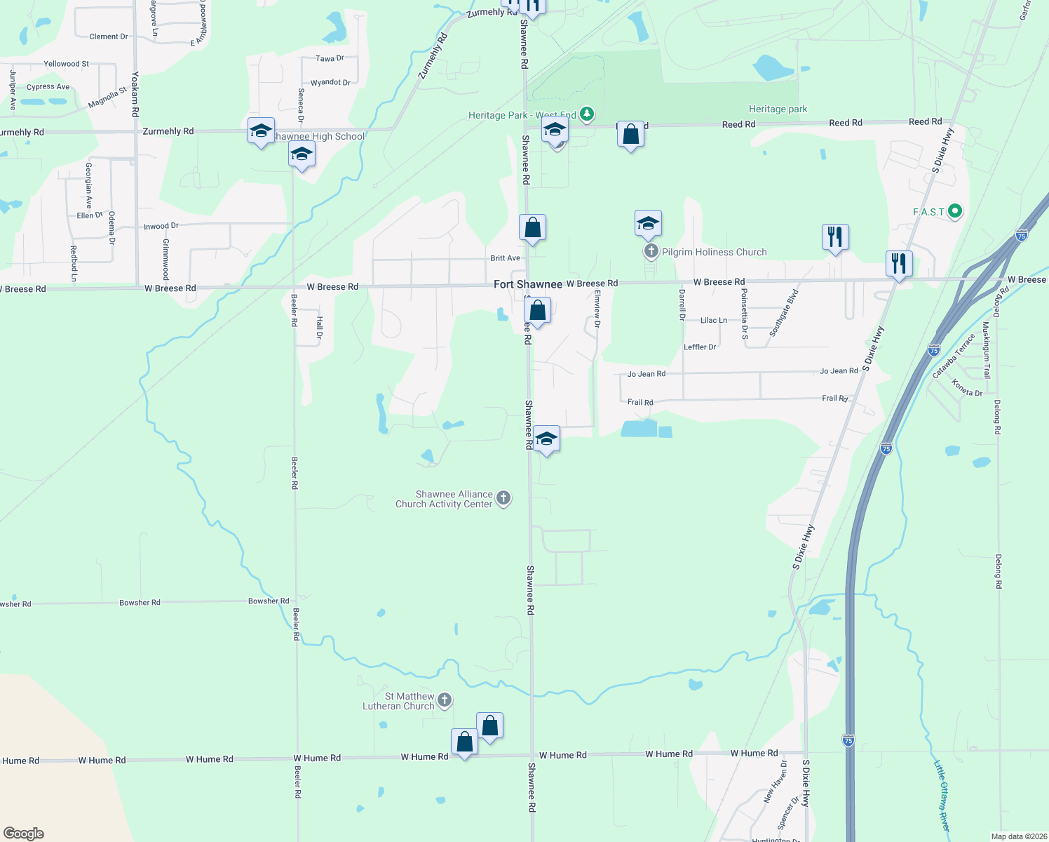 map of restaurants, bars, coffee shops, grocery stores, and more near 2611 Snowberry Ln in Lima