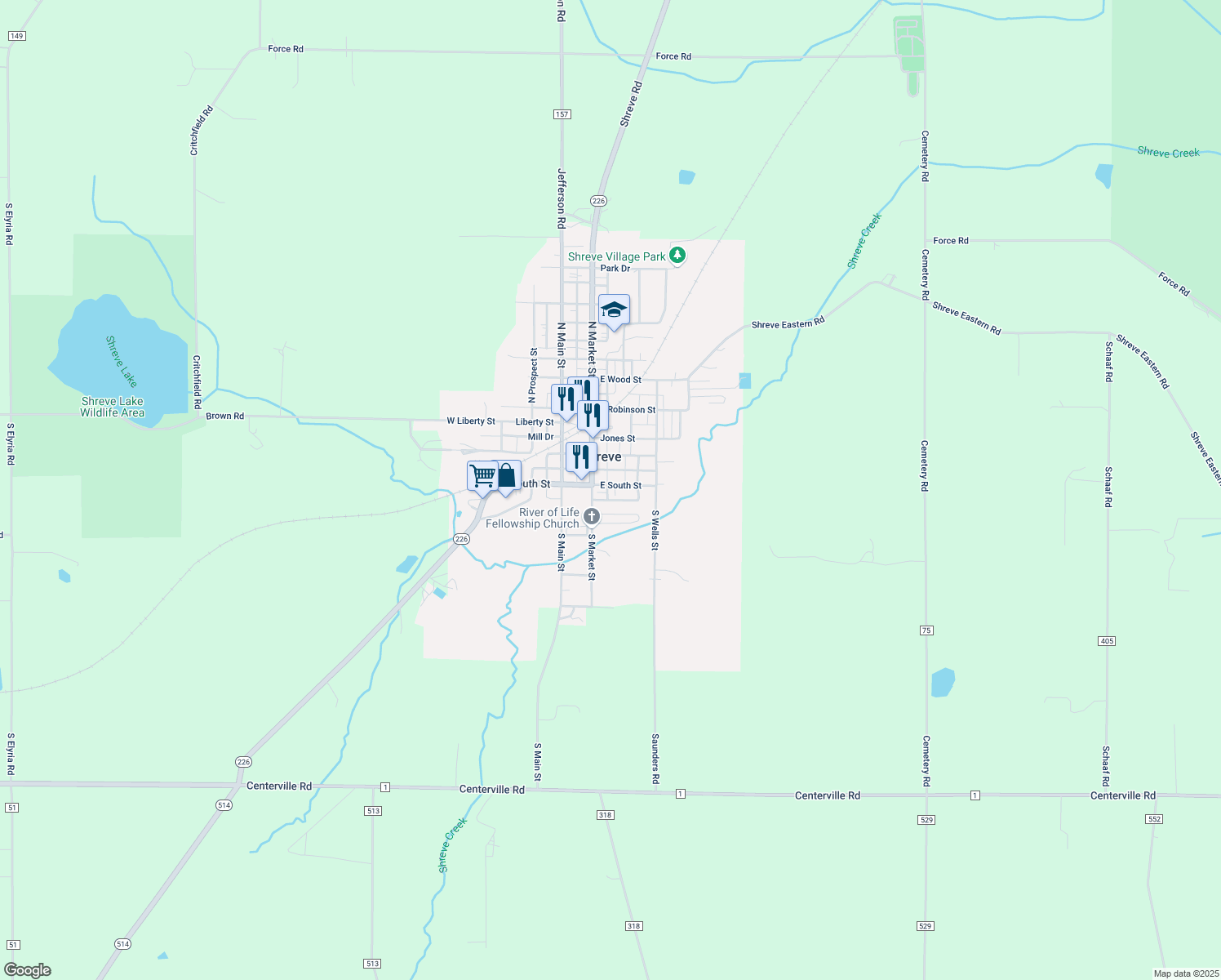 map of restaurants, bars, coffee shops, grocery stores, and more near 205 East South Street in Shreve