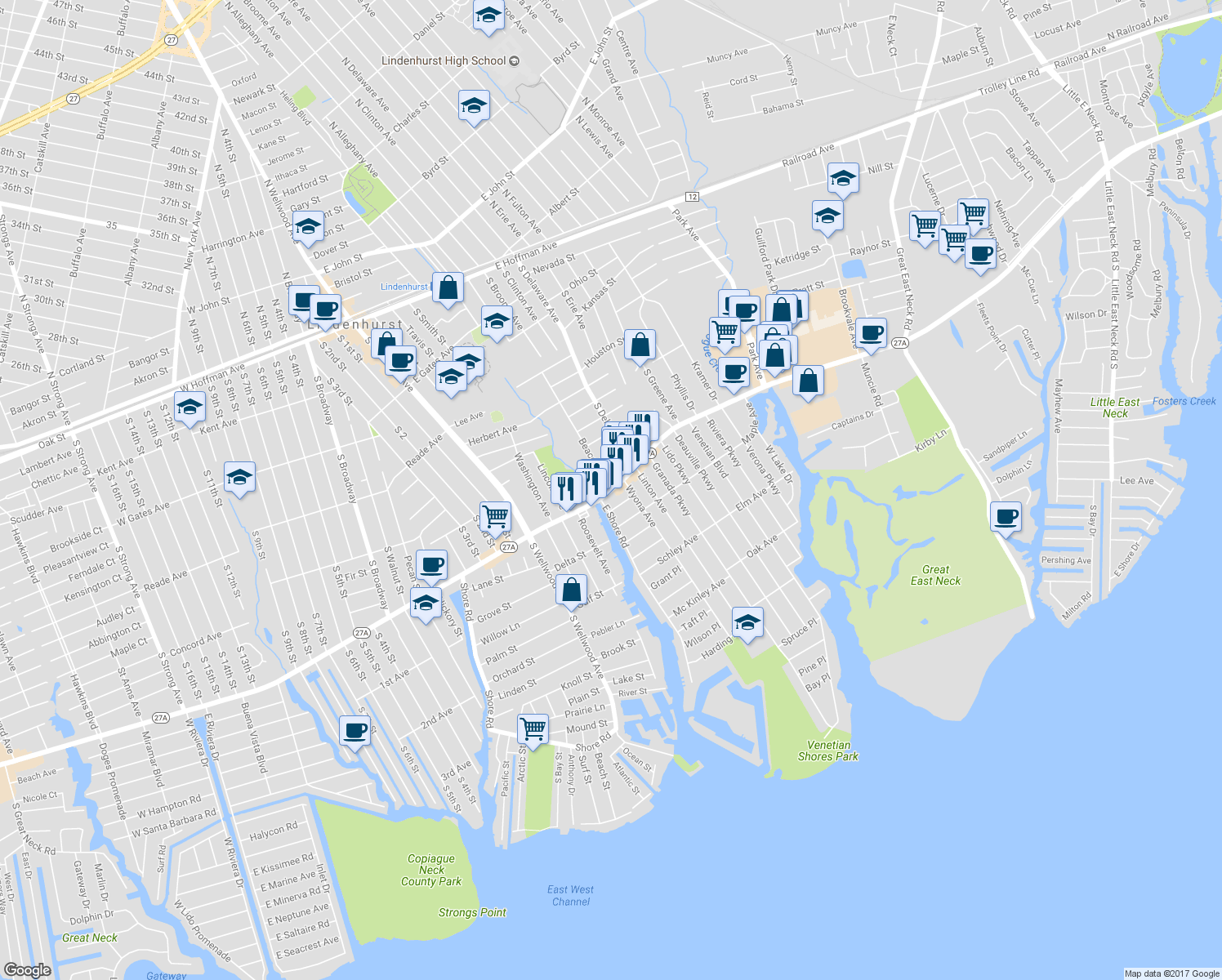 map of restaurants, bars, coffee shops, grocery stores, and more near Montauk Highway & Beacon Avenue in Lindenhurst