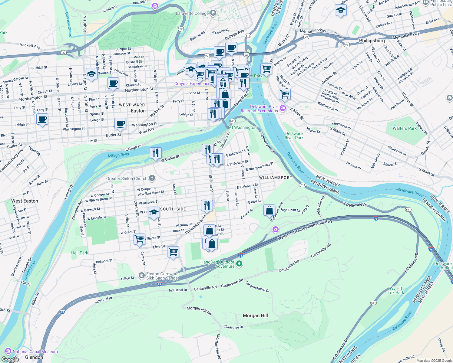 map of restaurants, bars, coffee shops, grocery stores, and more near 100 East Wilkes Barre Street in Easton