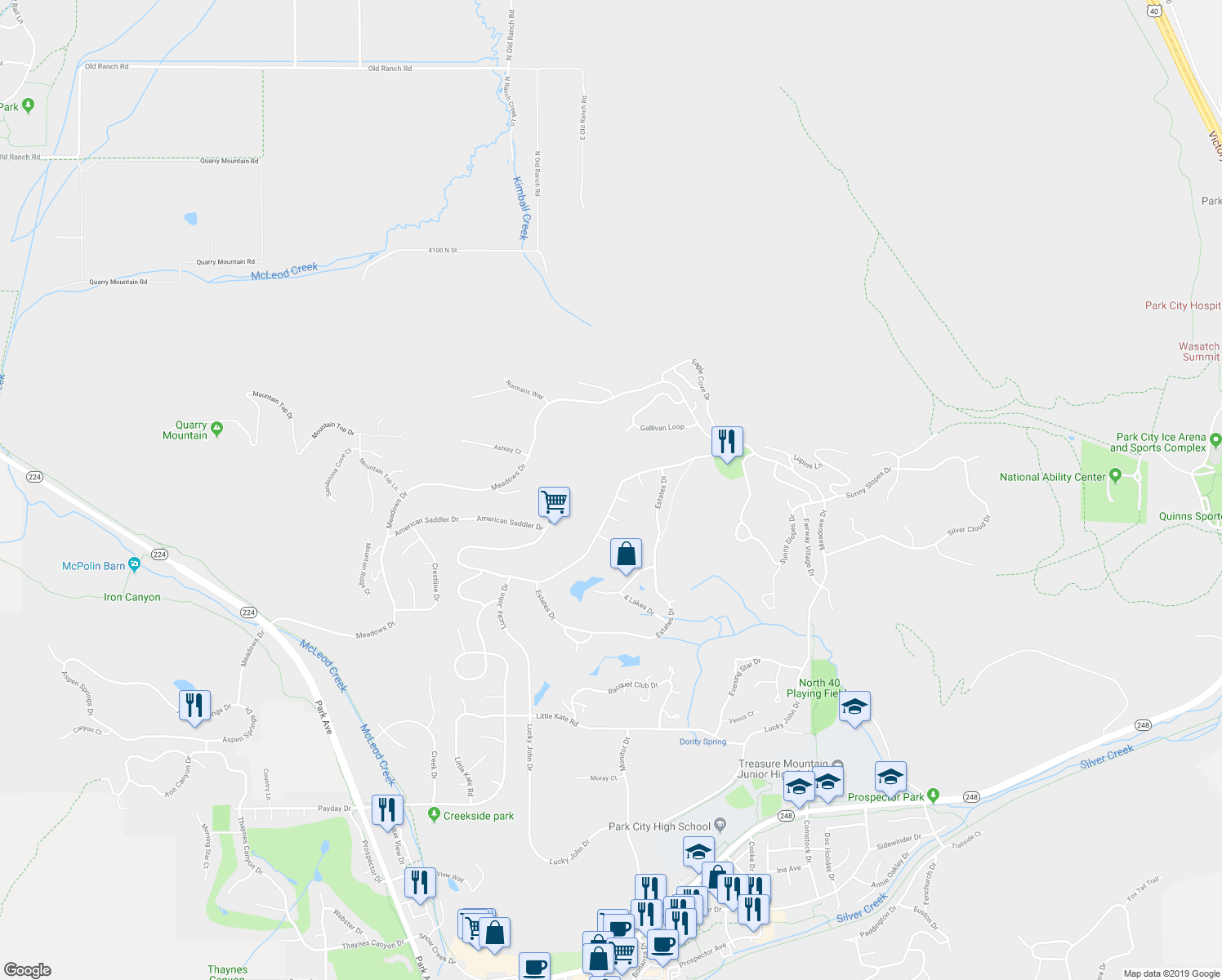 map of restaurants, bars, coffee shops, grocery stores, and more near 2808 American Saddler Drive in Park City
