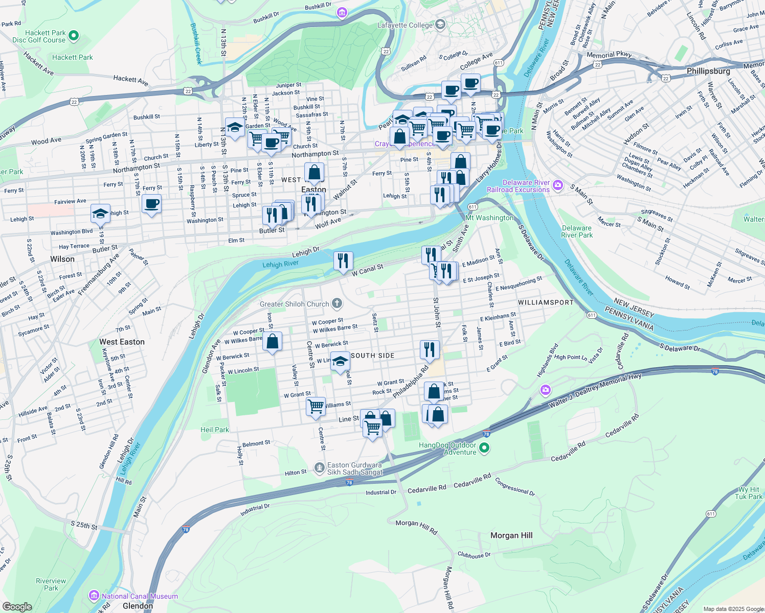 map of restaurants, bars, coffee shops, grocery stores, and more near 378 West Nesquehoning Street in Easton