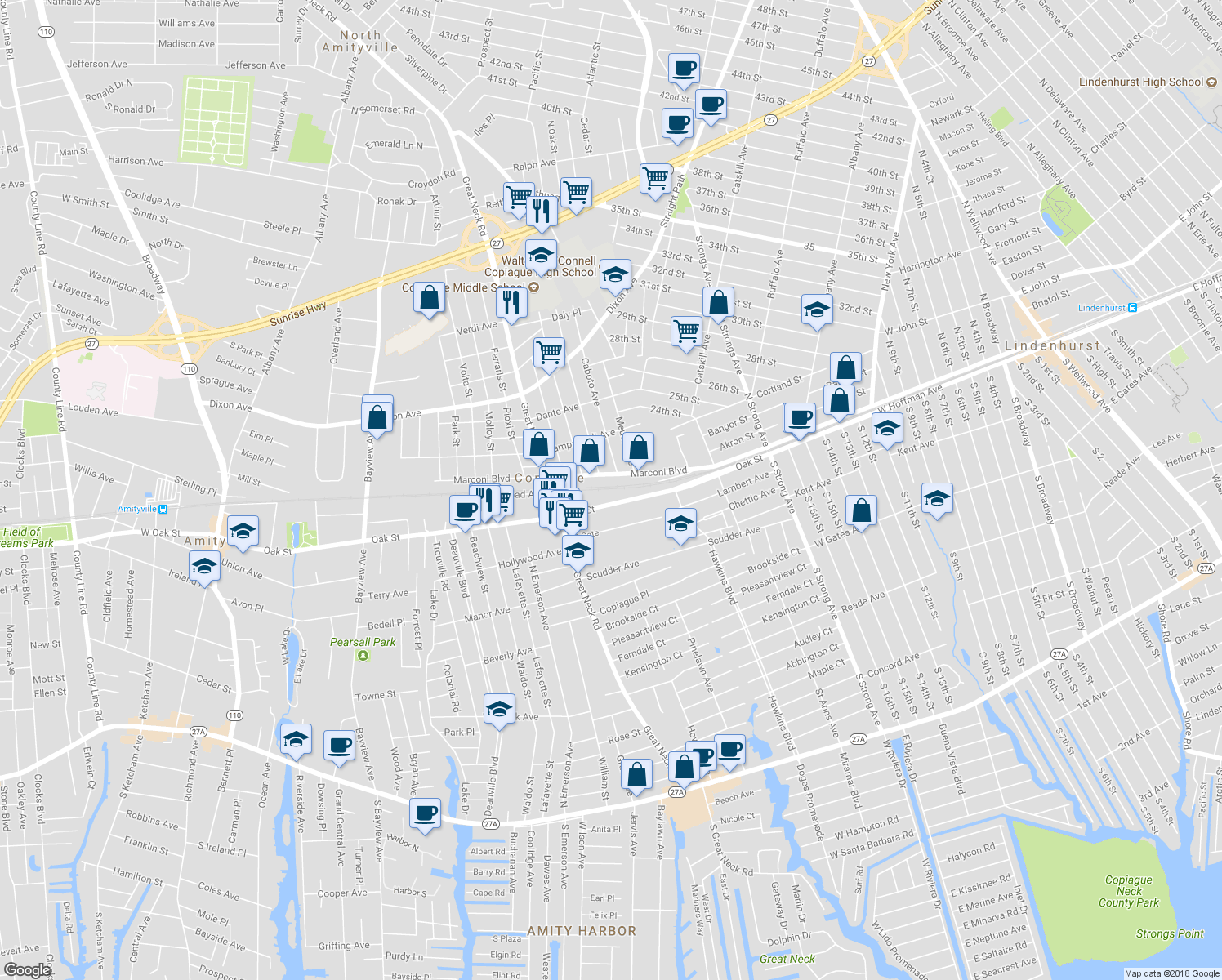 map of restaurants, bars, coffee shops, grocery stores, and more near 980-990 Marconi Boulevard in Copiague