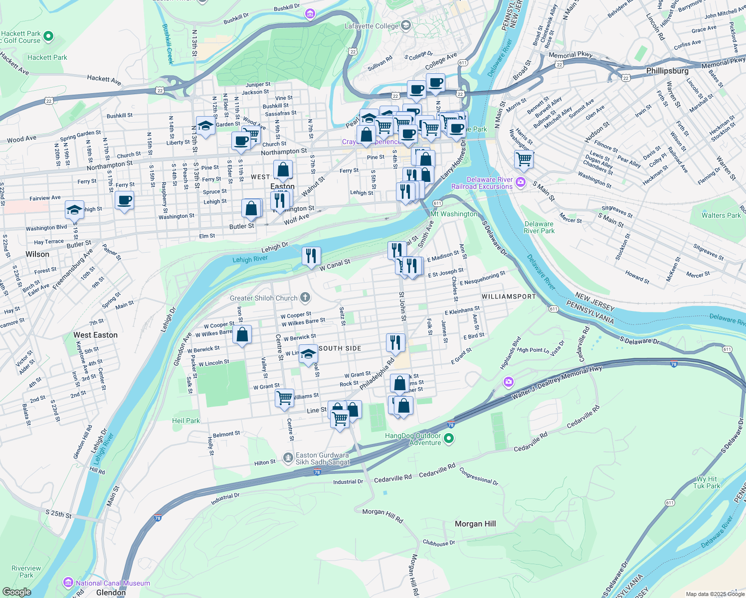 map of restaurants, bars, coffee shops, grocery stores, and more near 304 West Nesquehoning Street in Easton