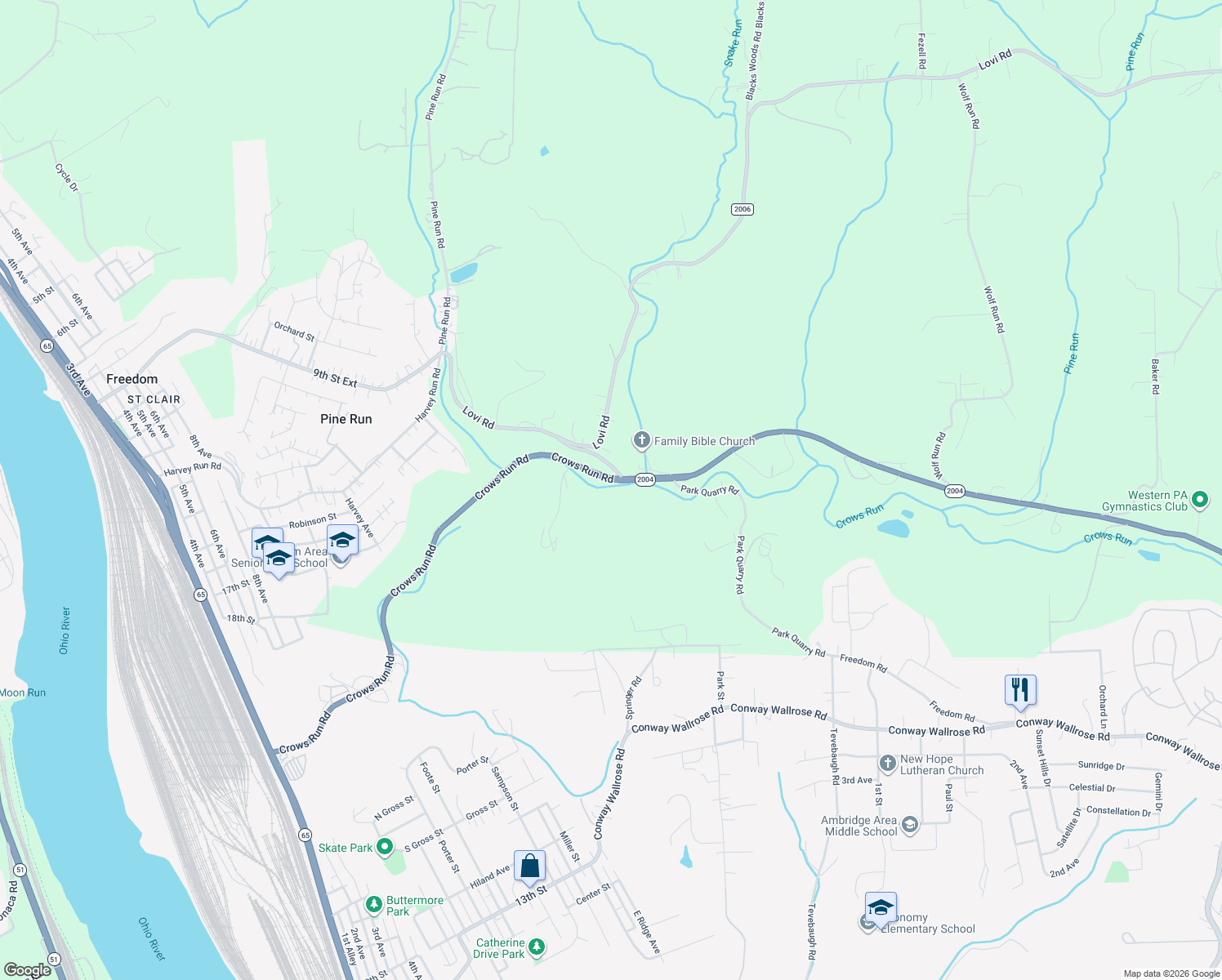 map of restaurants, bars, coffee shops, grocery stores, and more near 1007 Crows Run Road in Freedom