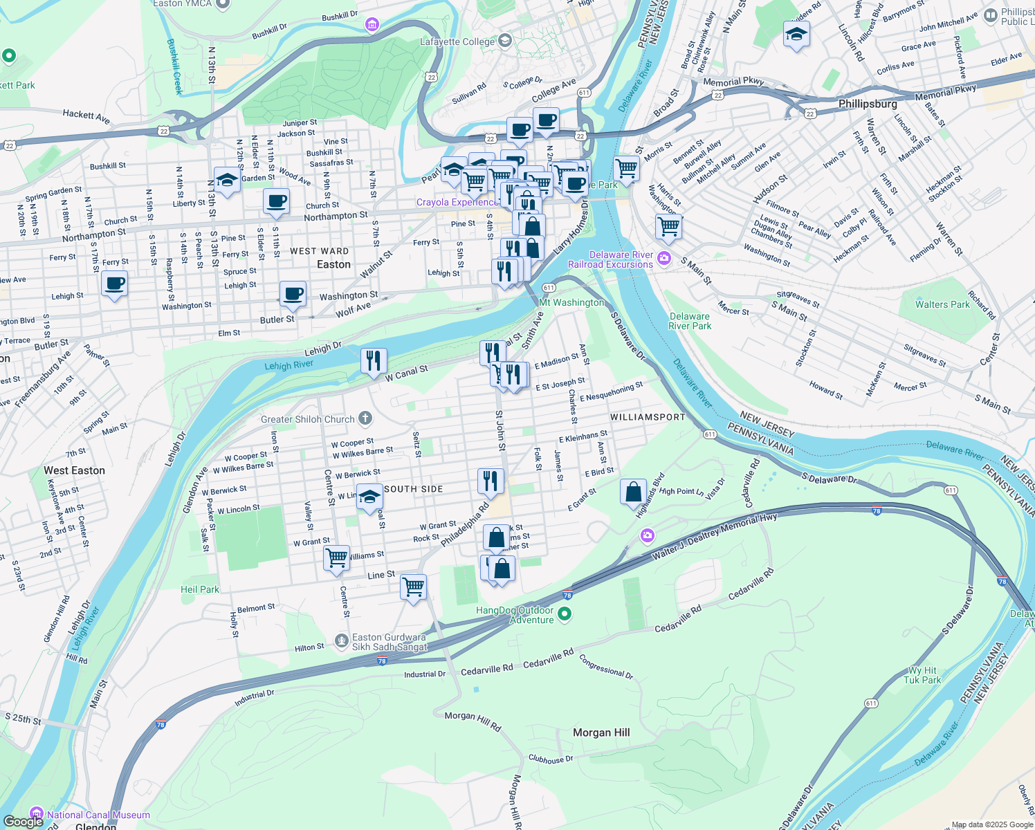 map of restaurants, bars, coffee shops, grocery stores, and more near 134 West Nesquehoning Street in Easton