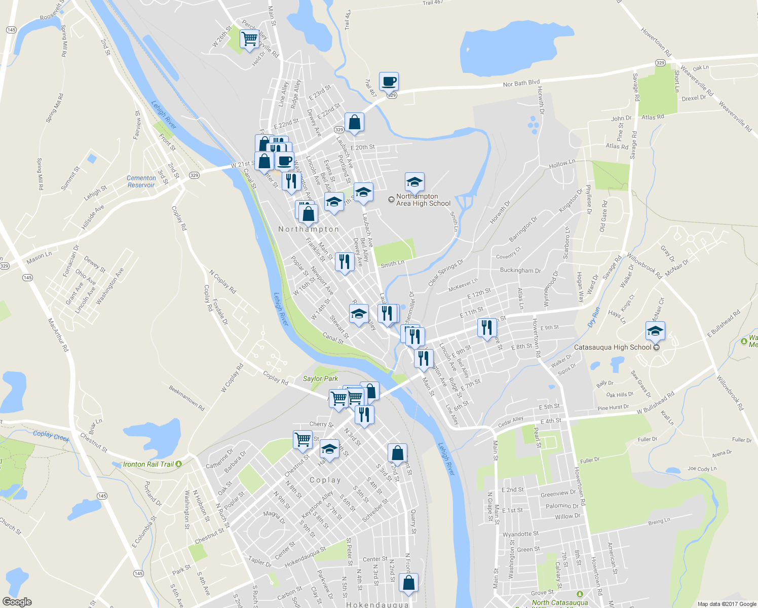 map of restaurants, bars, coffee shops, grocery stores, and more near 32 East 13th Street in Northampton