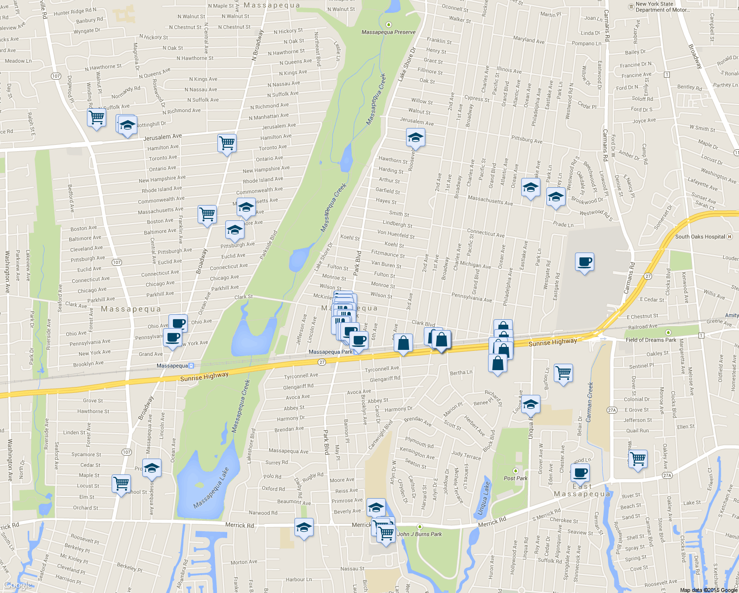 map of restaurants, bars, coffee shops, grocery stores, and more near 132 Wilson Street in Massapequa Park