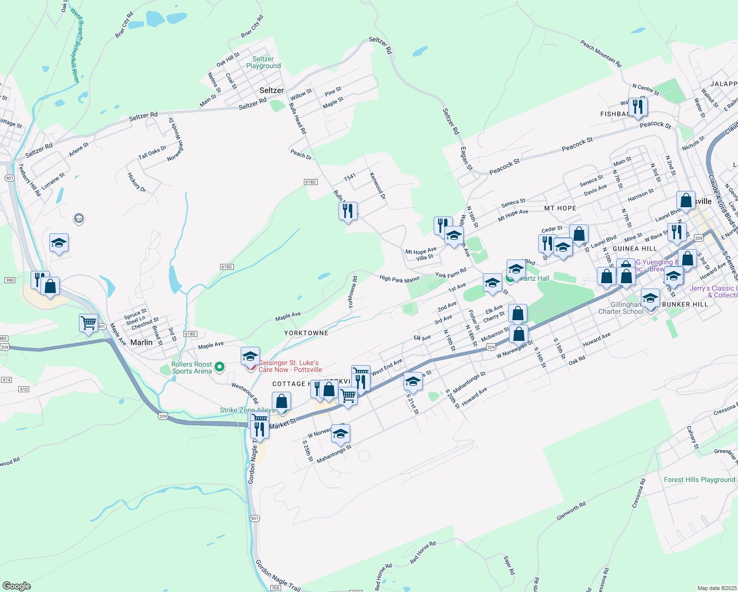 map of restaurants, bars, coffee shops, grocery stores, and more near 2049 Yokewood Road in Pottsville