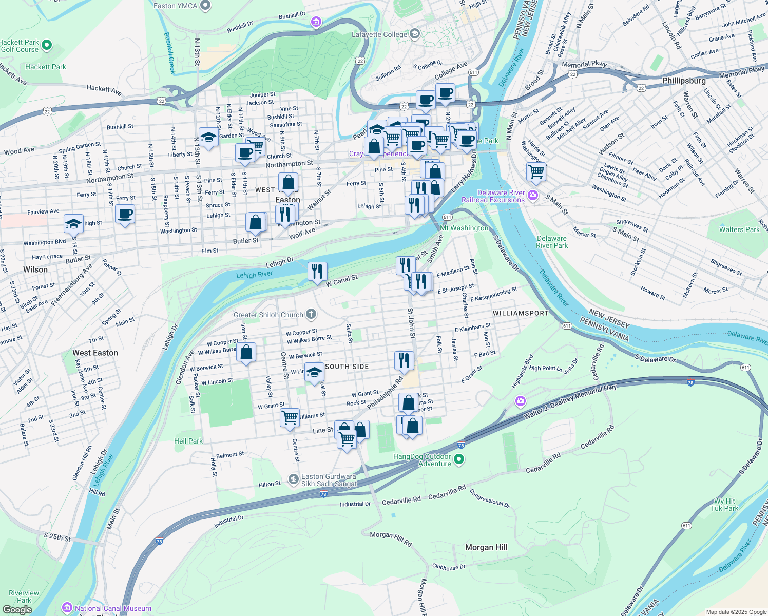 map of restaurants, bars, coffee shops, grocery stores, and more near 285 West Nesquehoning Street in Easton