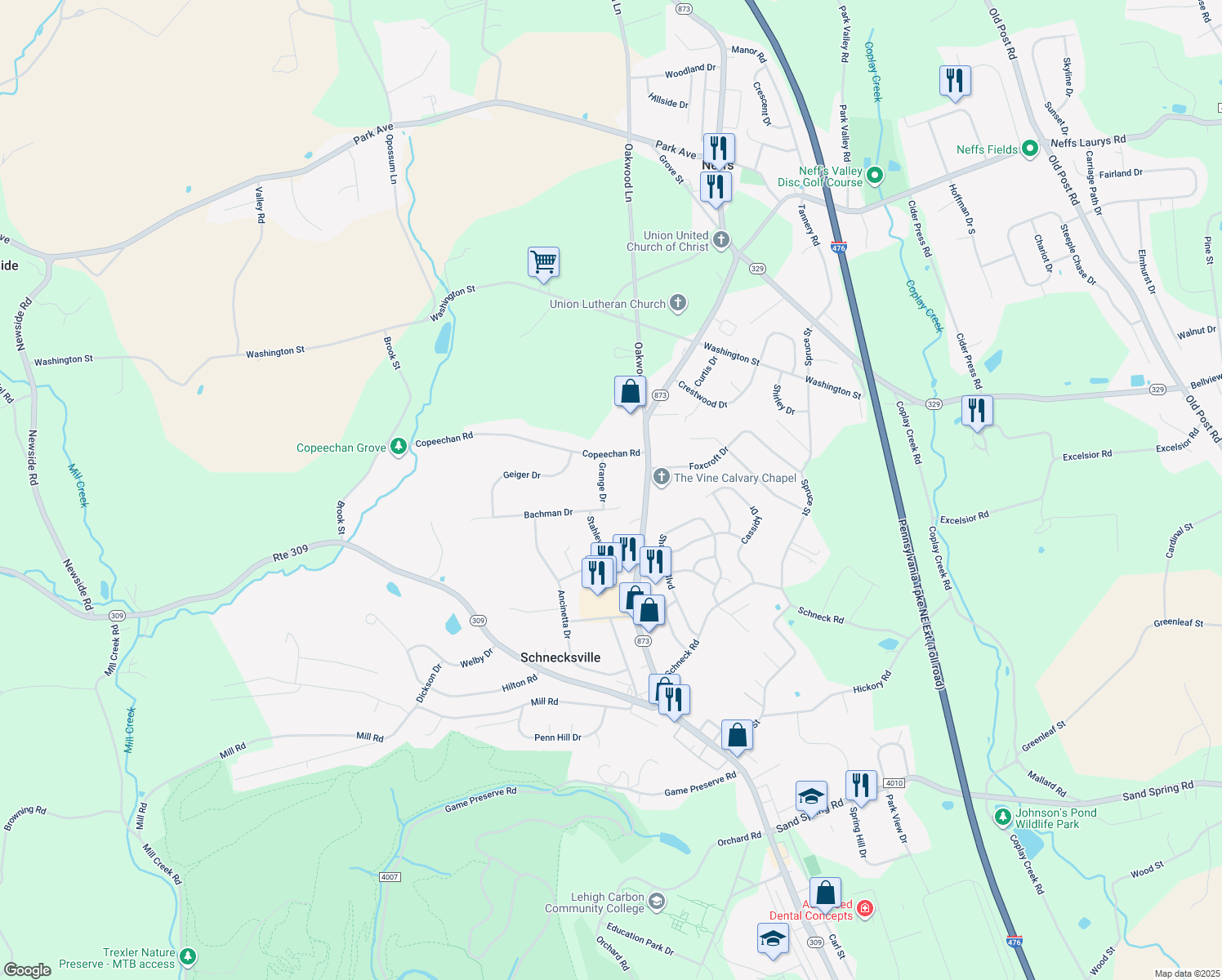 map of restaurants, bars, coffee shops, grocery stores, and more near 5235 Grange Drive in Schnecksville