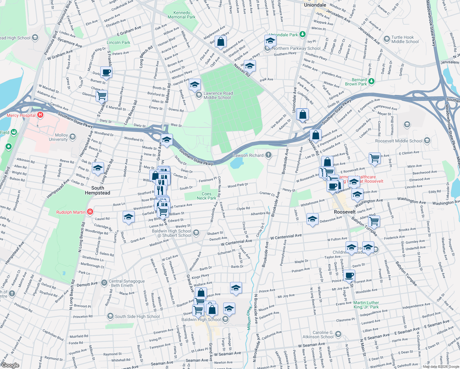 map of restaurants, bars, coffee shops, grocery stores, and more near 972 Wood Park Drive in Baldwin