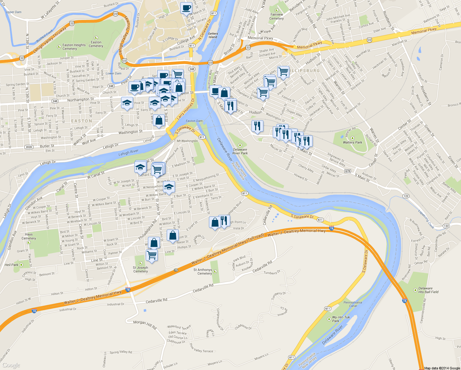 map of restaurants, bars, coffee shops, grocery stores, and more near 451 East Wilkes Barre Street in Easton
