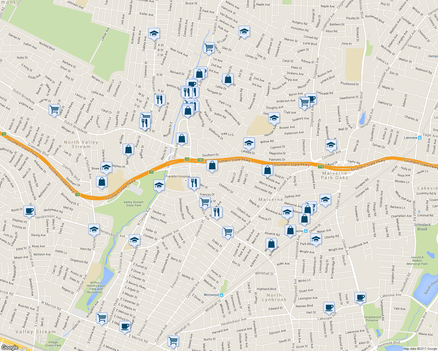map of restaurants, bars, coffee shops, grocery stores, and more near 52 Parkwold Drive East in Valley Stream