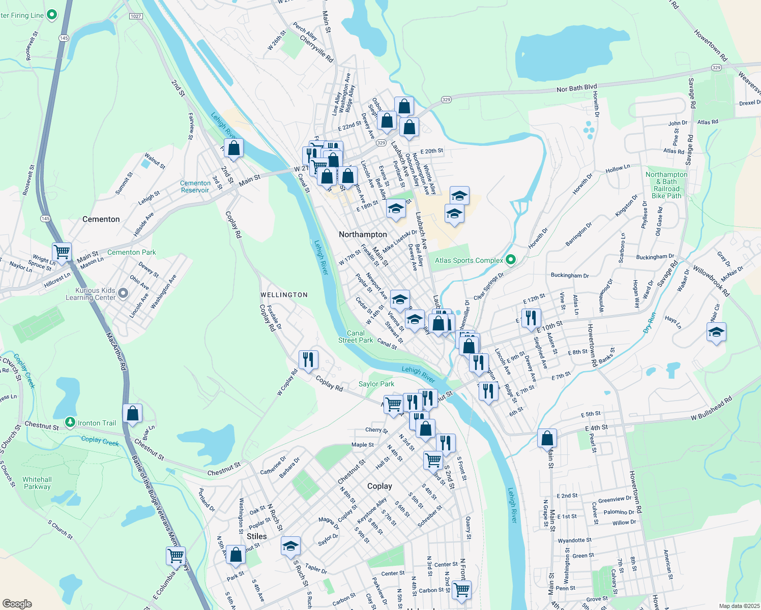 map of restaurants, bars, coffee shops, grocery stores, and more near 123 West 14th Street in Northampton