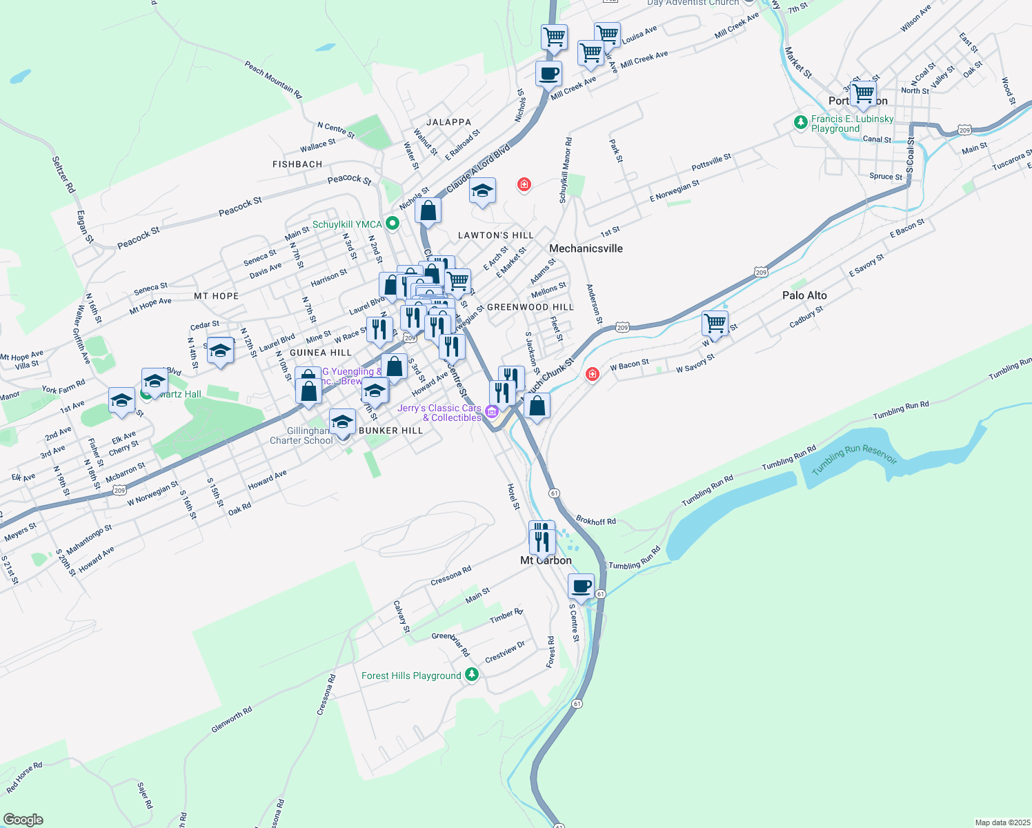 map of restaurants, bars, coffee shops, grocery stores, and more near 223 Mauch Chunk Street in Pottsville