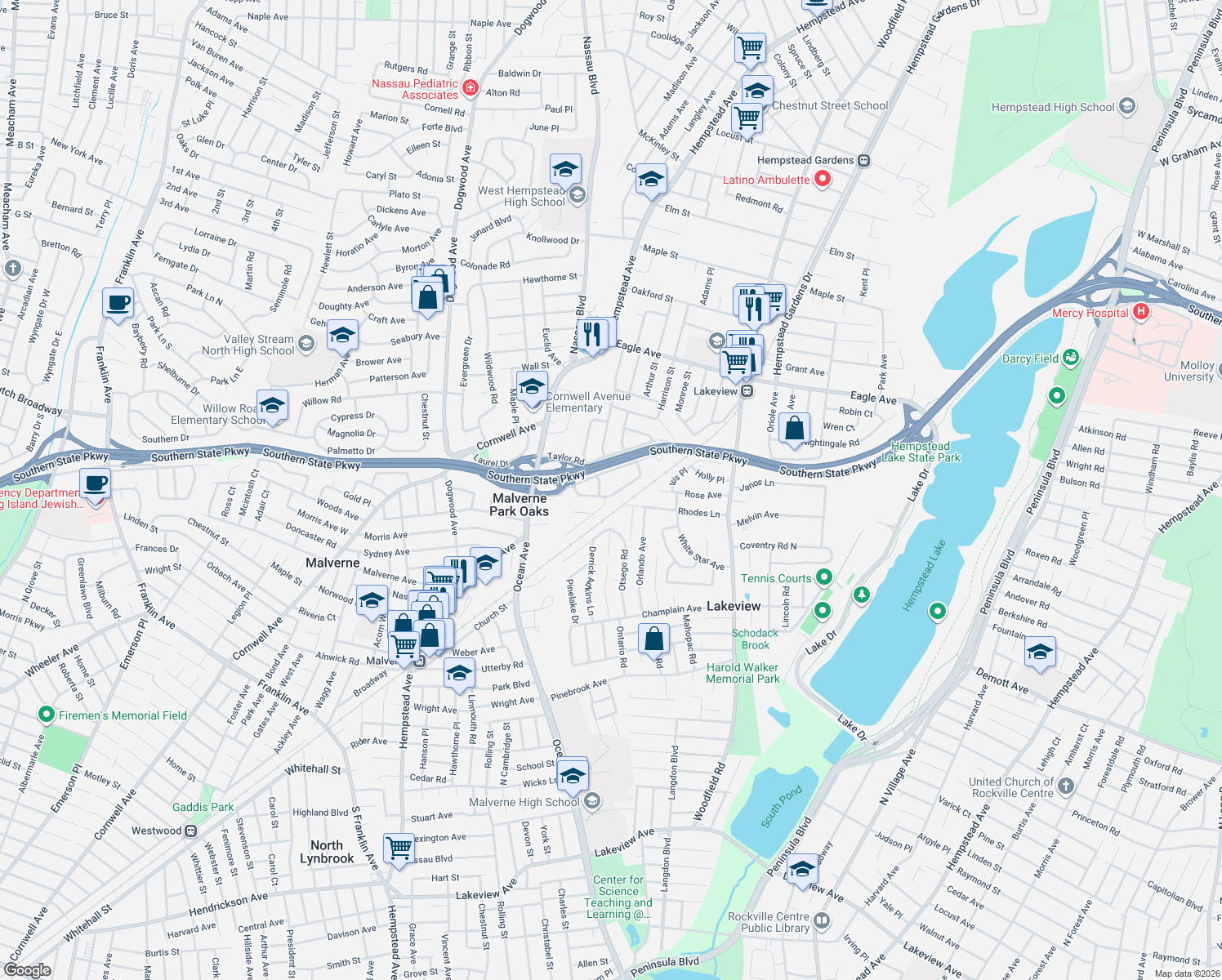 map of restaurants, bars, coffee shops, grocery stores, and more near 565 Mohawk Road West in West Hempstead