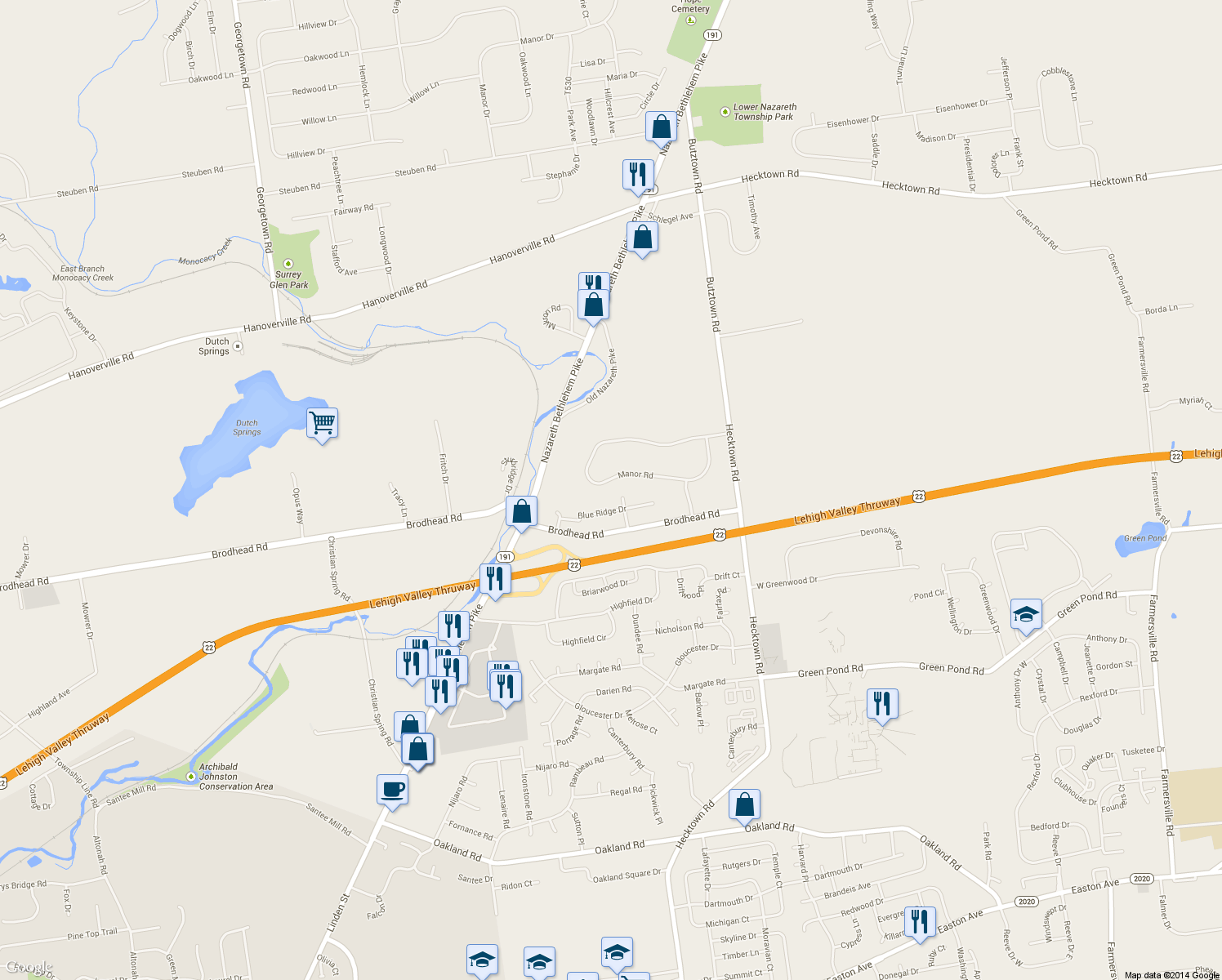 map of restaurants, bars, coffee shops, grocery stores, and more near 3560 Manor Road in Bethlehem