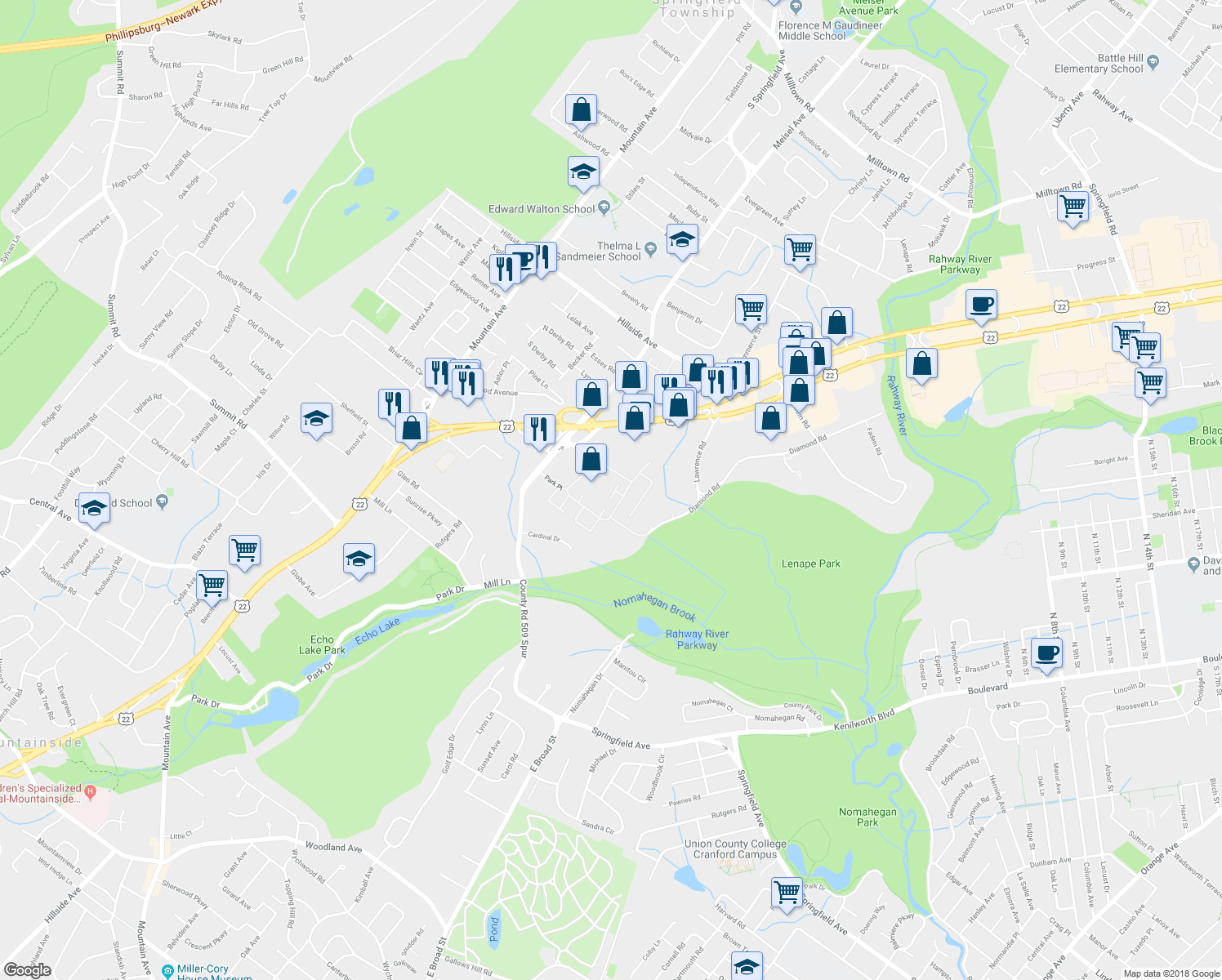 map of restaurants, bars, coffee shops, grocery stores, and more near 3709 Park Place in Springfield Township