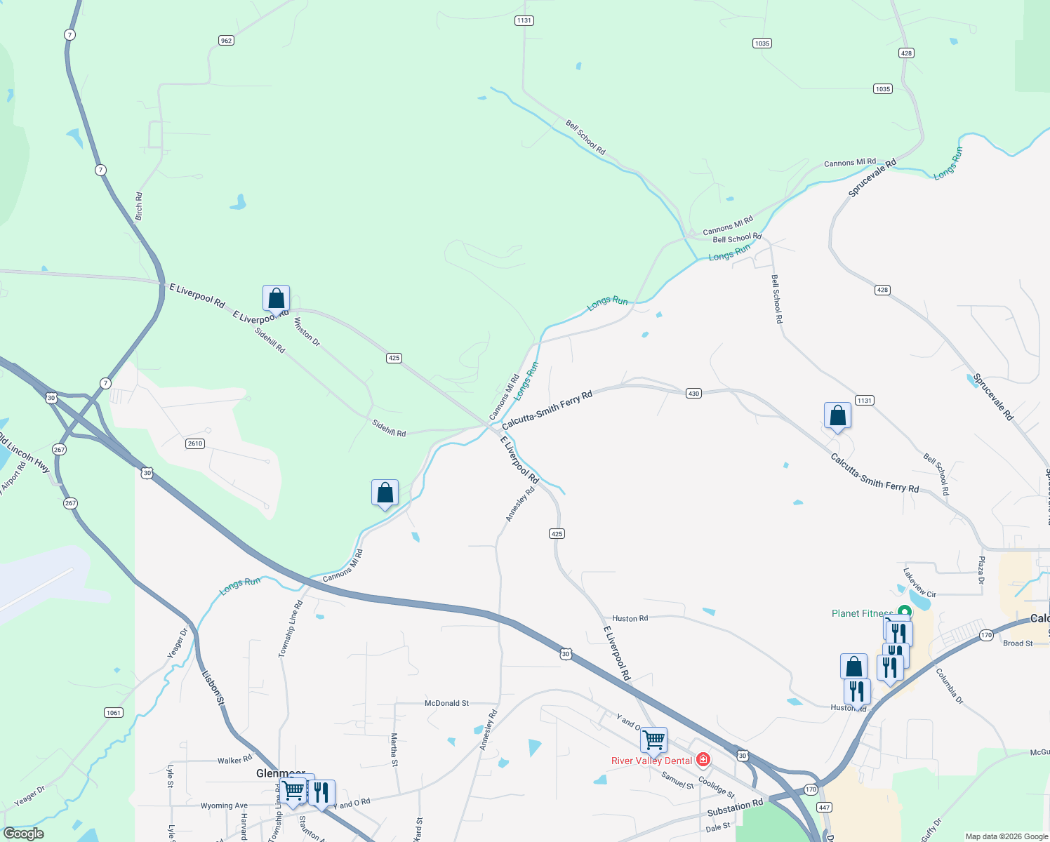 map of restaurants, bars, coffee shops, grocery stores, and more near 47201 Calcutta-Smith Ferry Road in Calcutta