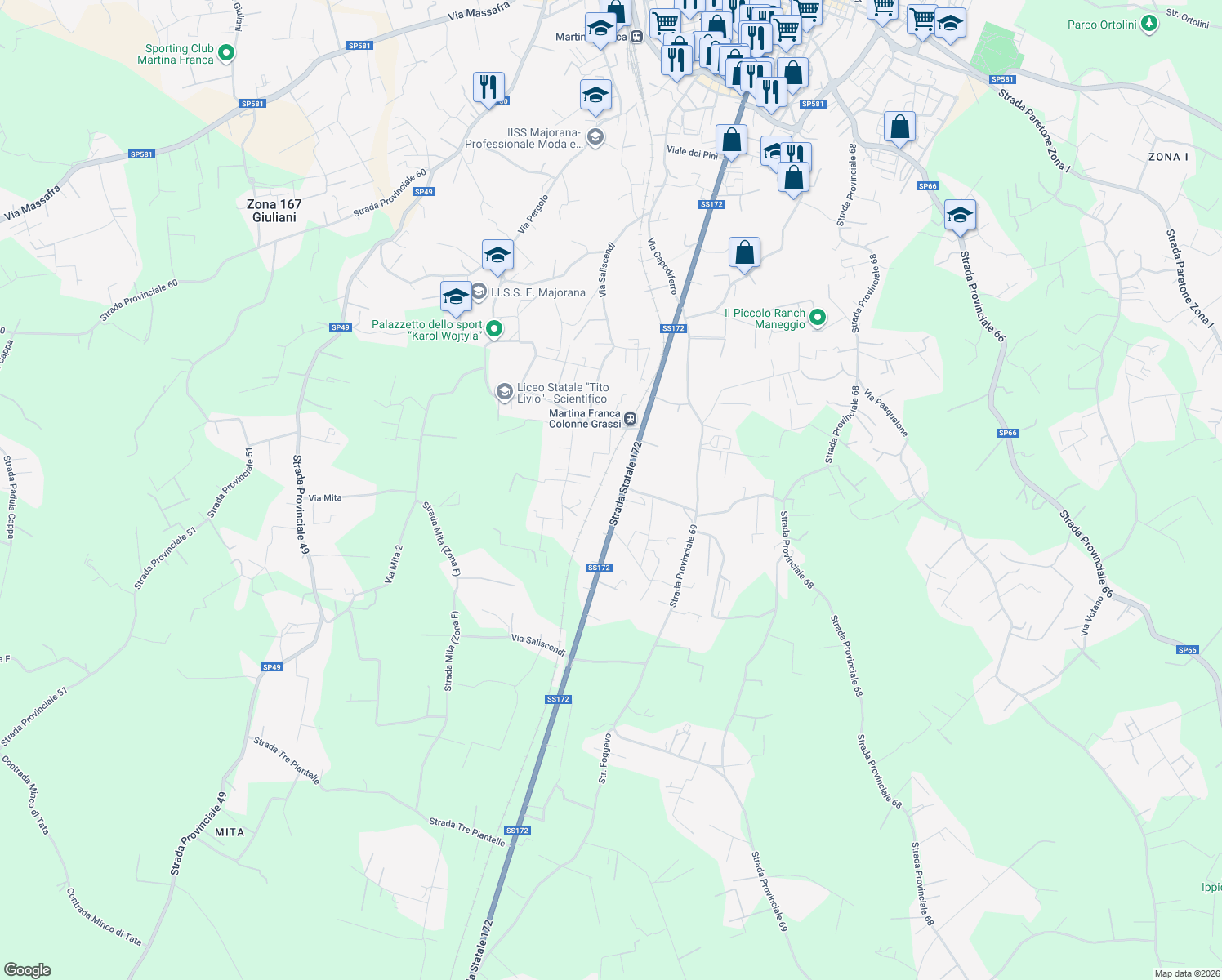 map of restaurants, bars, coffee shops, grocery stores, and more near Strada Statale 172 in Province of Taranto
