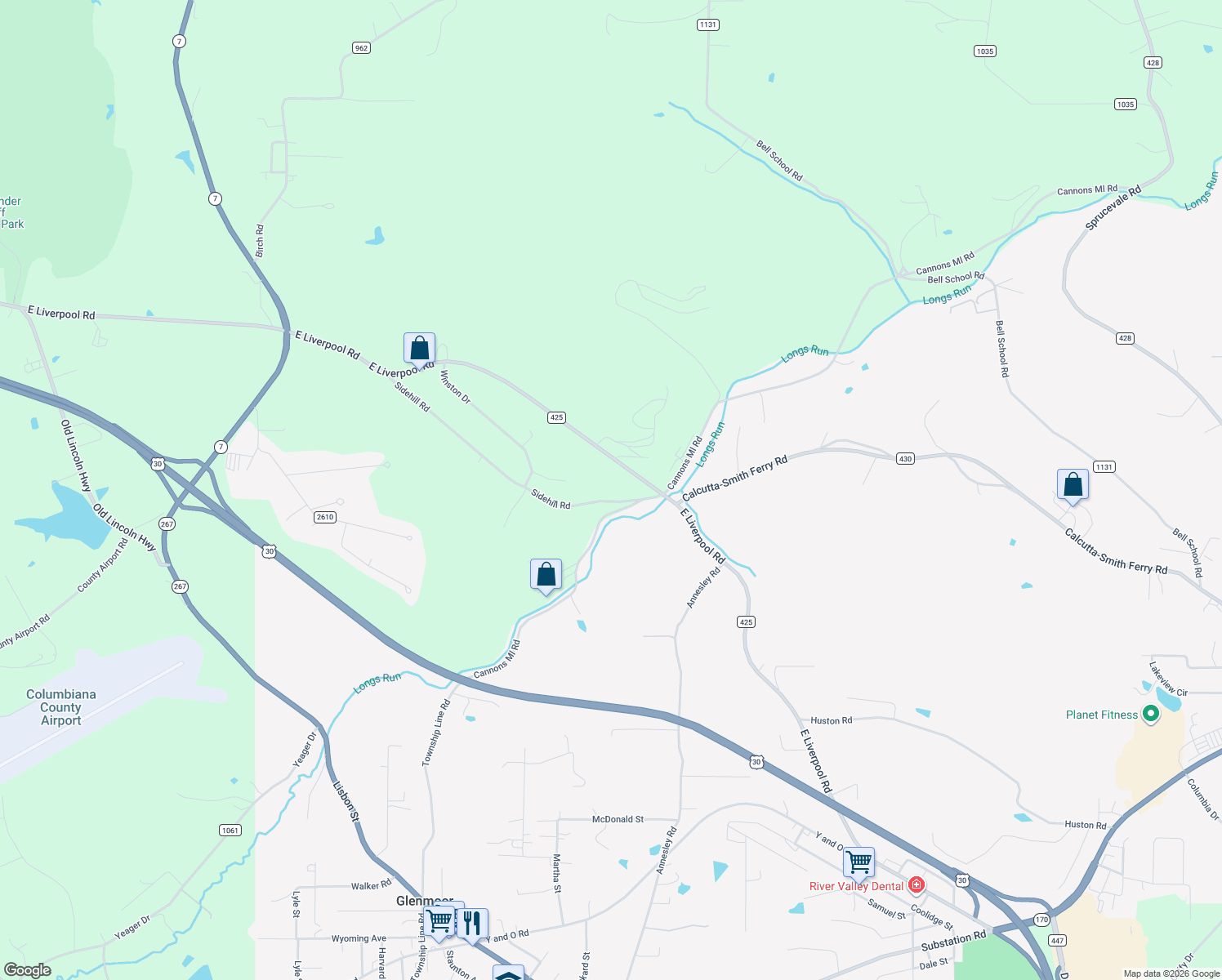 map of restaurants, bars, coffee shops, grocery stores, and more near 15051 East Liverpool Road in East Liverpool