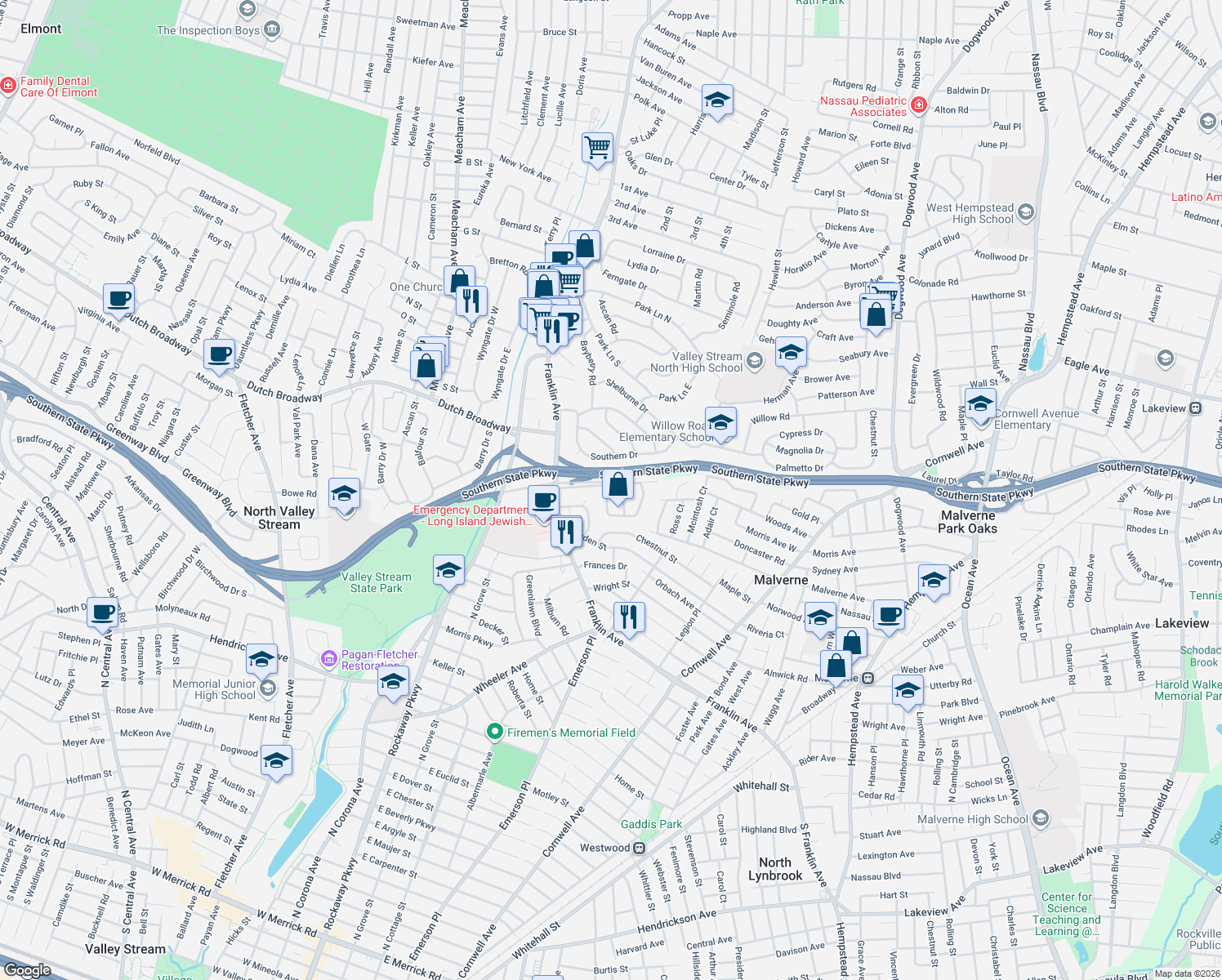 map of restaurants, bars, coffee shops, grocery stores, and more near 70 Park Drive in Valley Stream