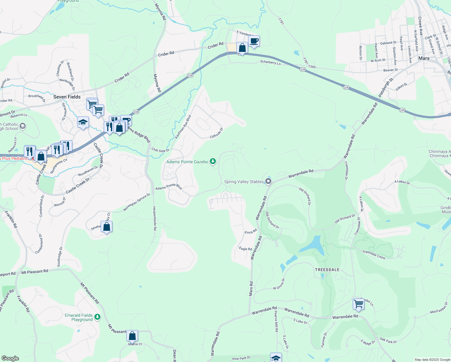map of restaurants, bars, coffee shops, grocery stores, and more near 1000 Adams Pointe Boulevard in Mars