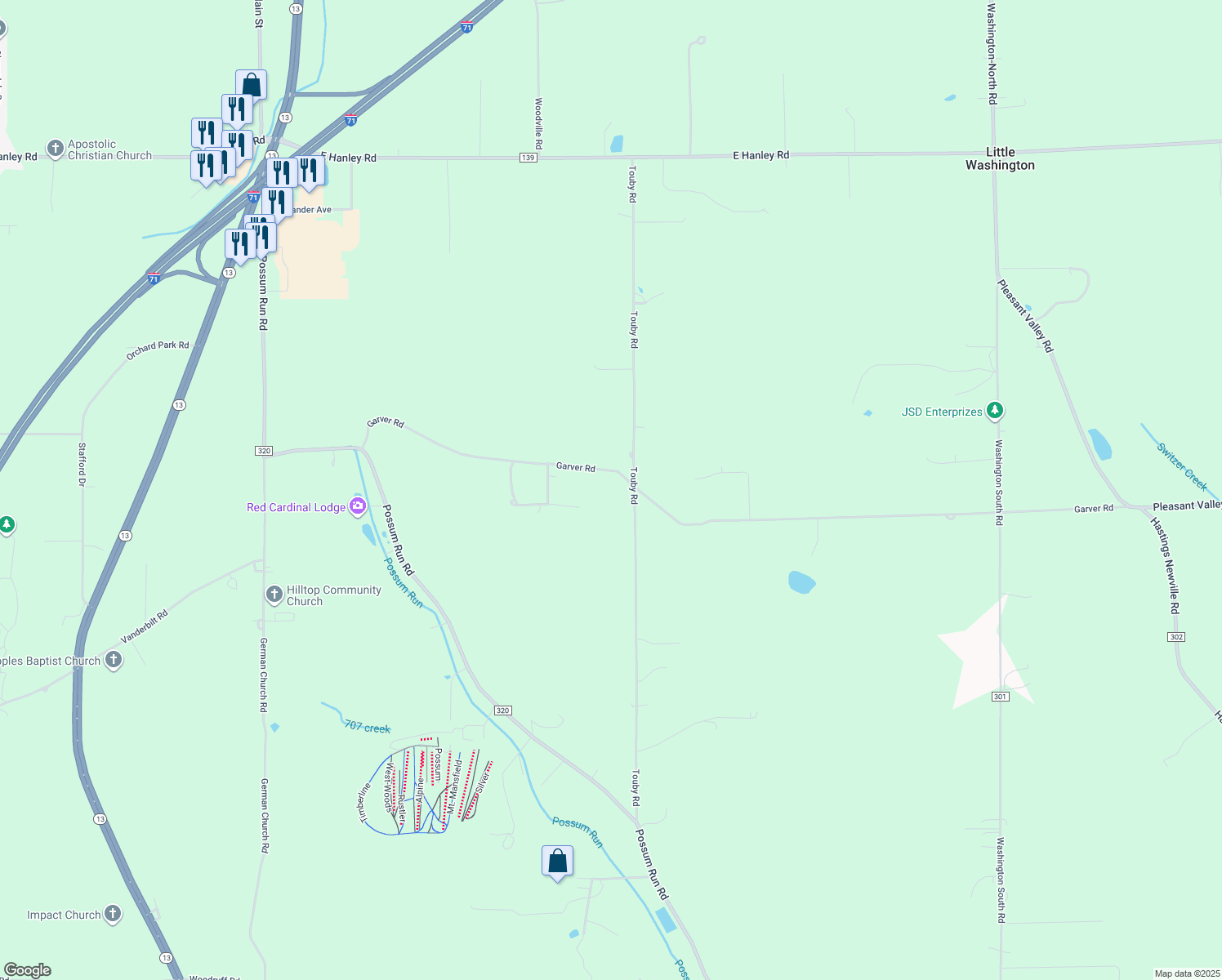 map of restaurants, bars, coffee shops, grocery stores, and more near 428-568 Township Highway 321 in Mansfield