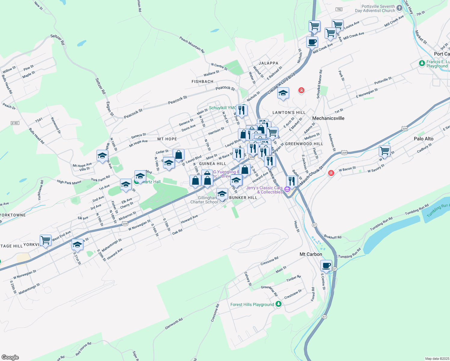 map of restaurants, bars, coffee shops, grocery stores, and more near 714 W Norwegian St in Pottsville