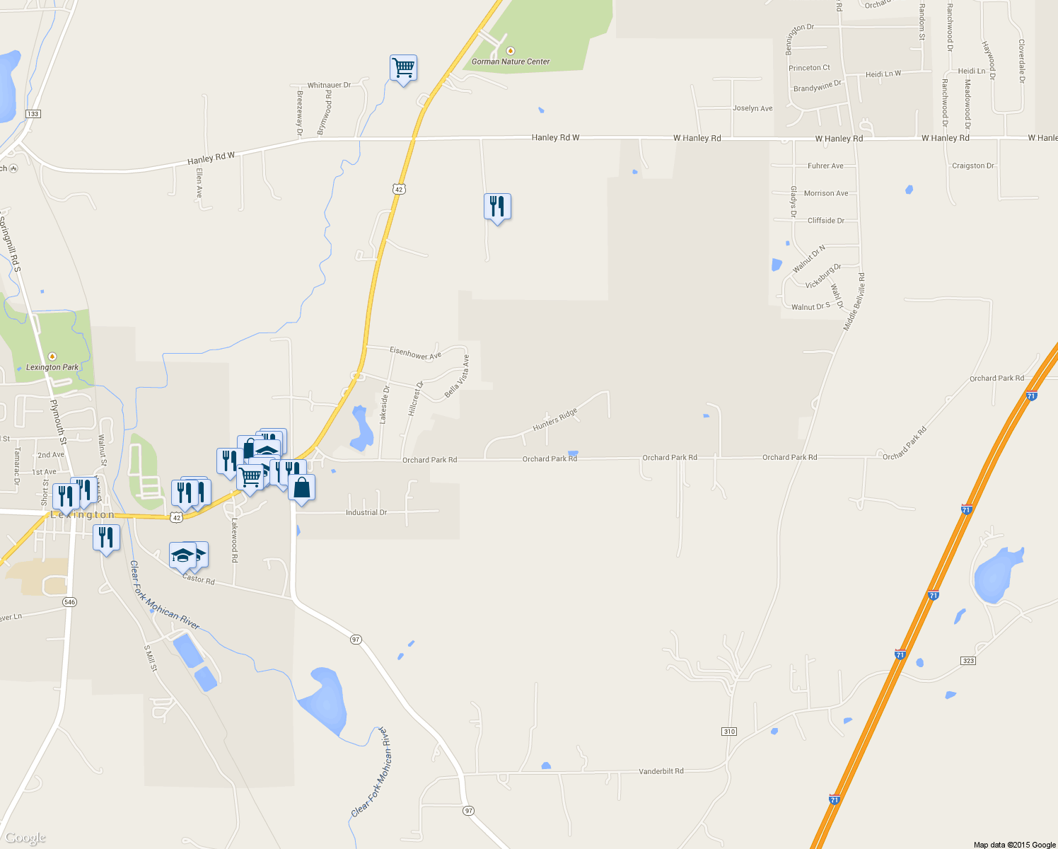 map of restaurants, bars, coffee shops, grocery stores, and more near 1202 Hunters Ridge in Mansfield