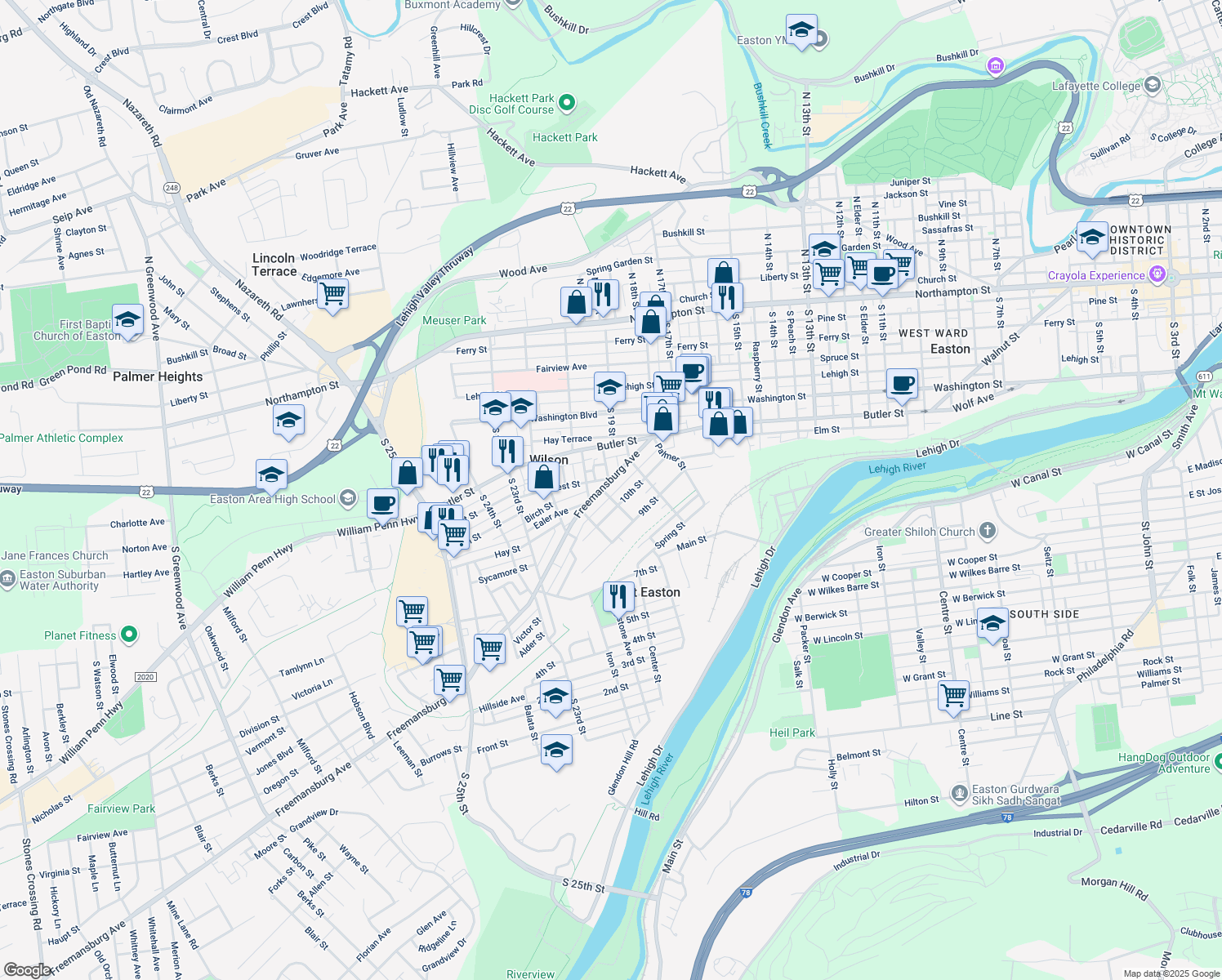 map of restaurants, bars, coffee shops, grocery stores, and more near 1904 Freemansburg Avenue in Easton
