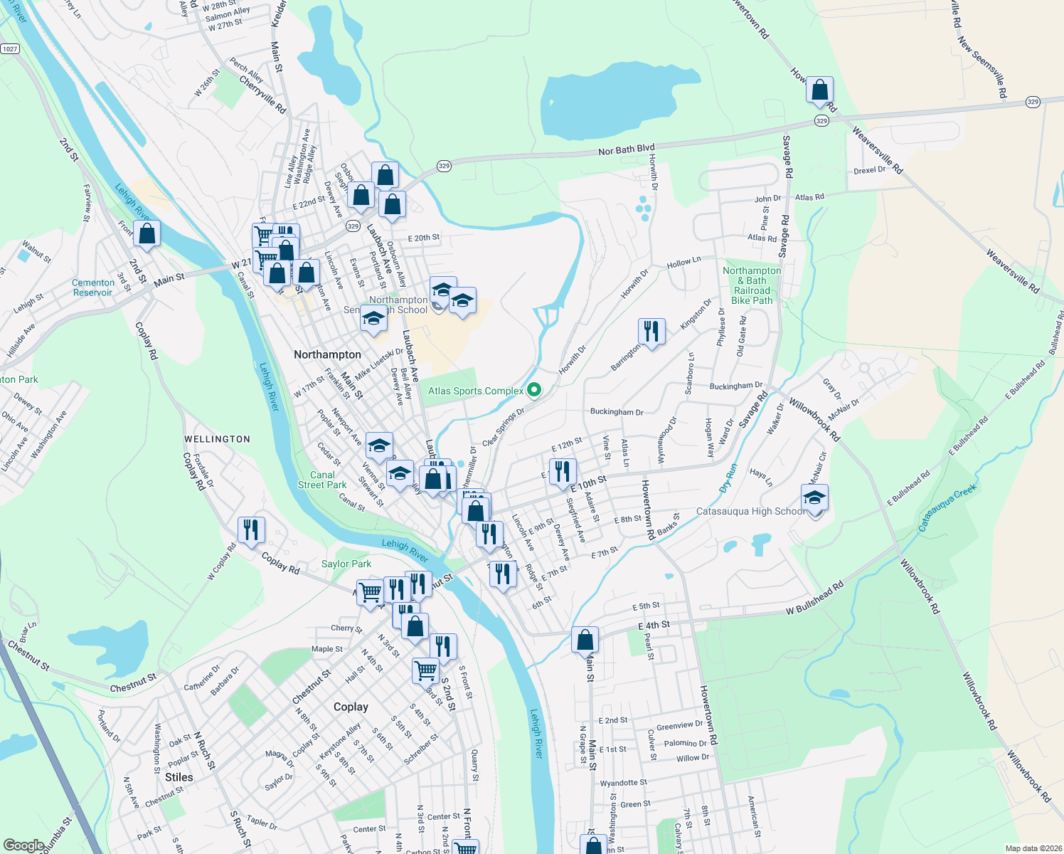 map of restaurants, bars, coffee shops, grocery stores, and more near 406 Buckingham Dr in Northampton
