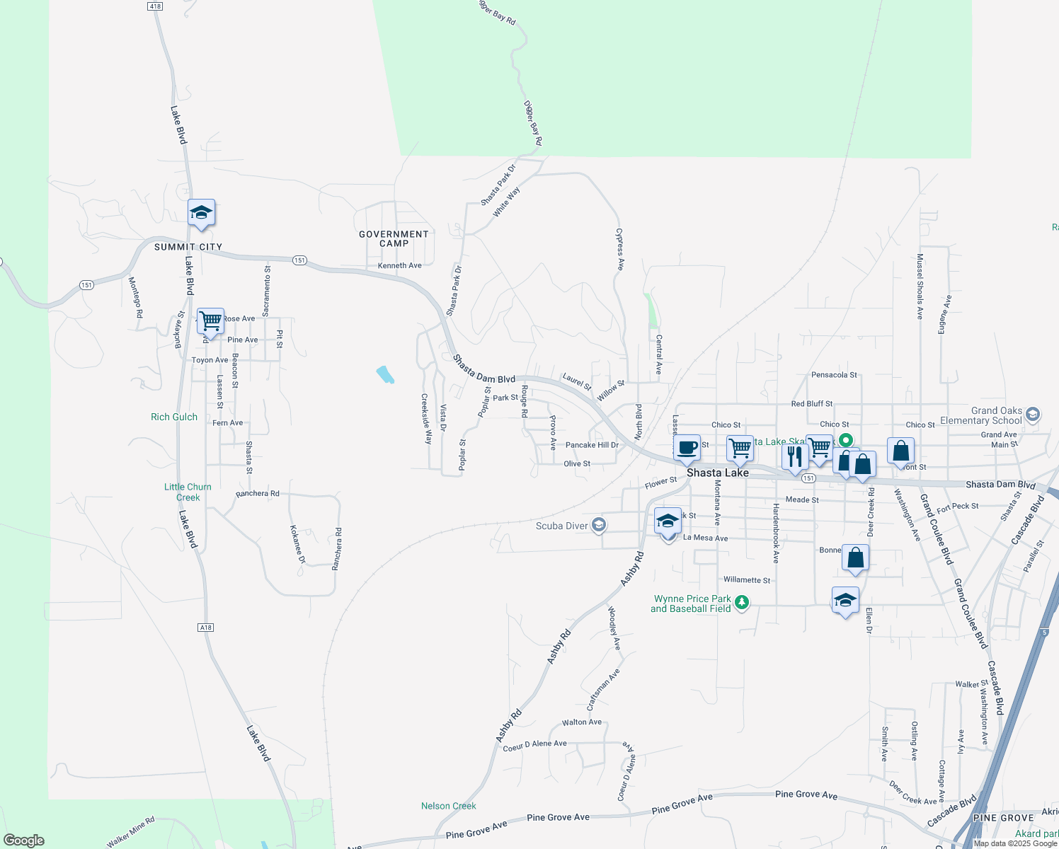 map of restaurants, bars, coffee shops, grocery stores, and more near 1391 Rouge Rd in Shasta Lake