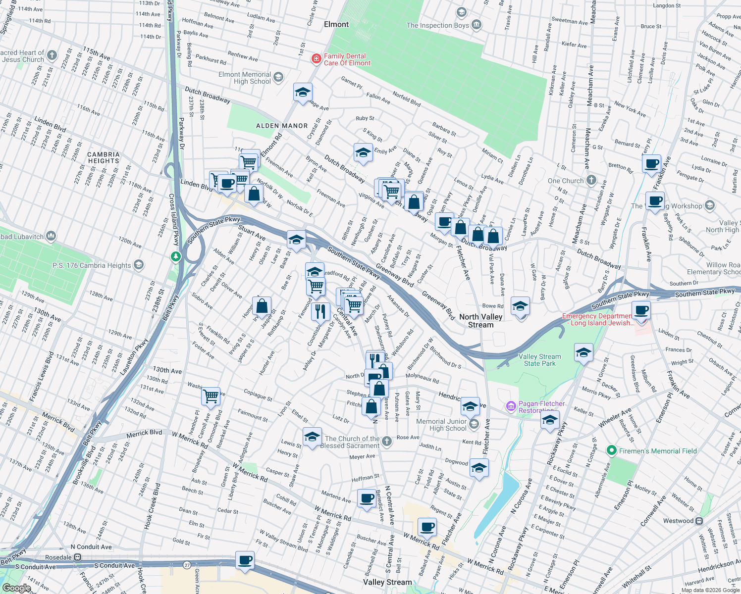 map of restaurants, bars, coffee shops, grocery stores, and more near 24 Marlowe Road in Valley Stream