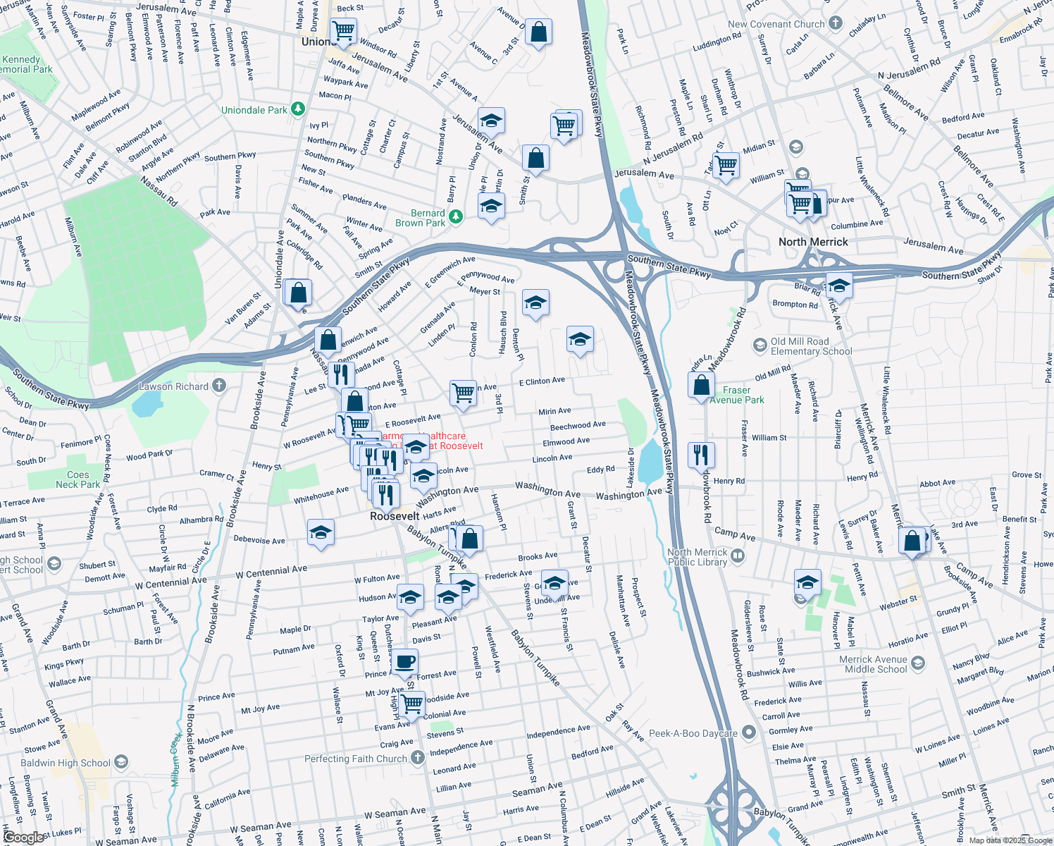 map of restaurants, bars, coffee shops, grocery stores, and more near 107 Willett Place in Roosevelt